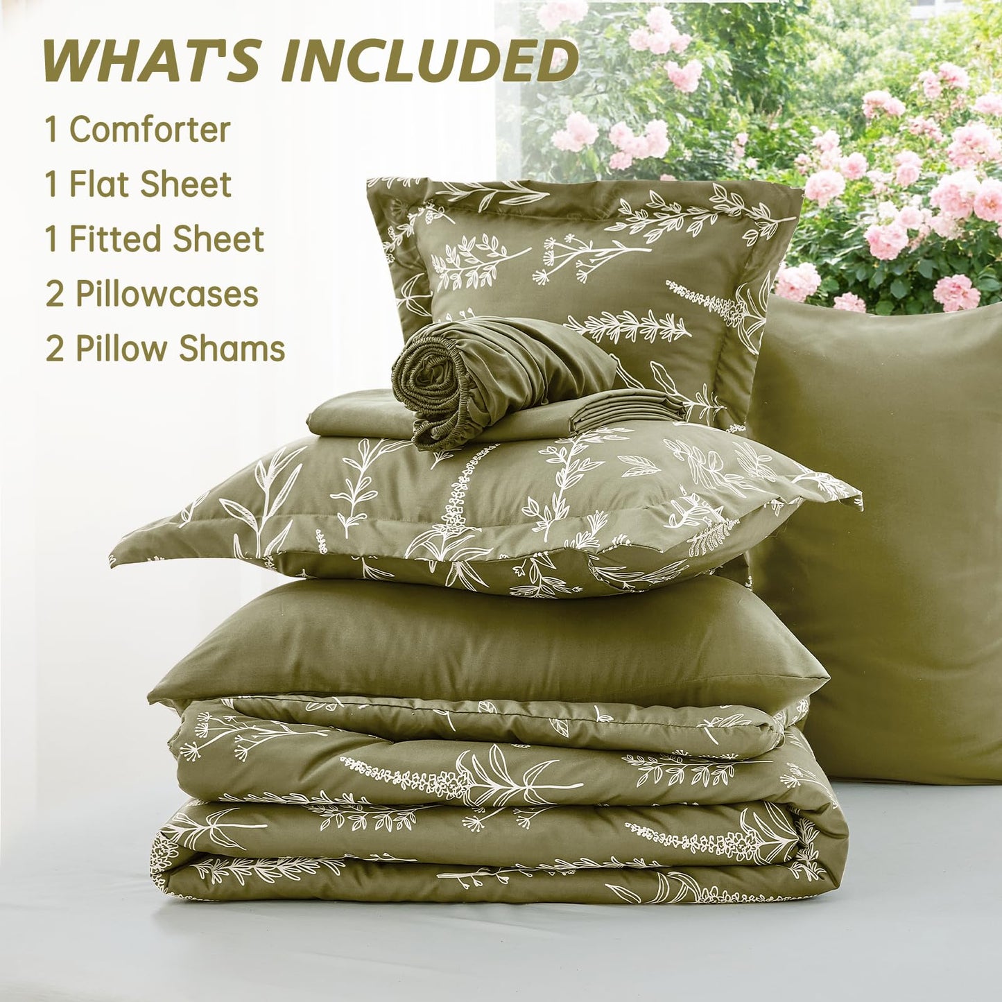 MUXHOMO Olive Green King Comforter Set, Elegant Floral Print Bed in a Bag 7 Pieces, Ultra Soft & Breathable Reversible Botanical Pattern Bedding Set with Comforter, Sheets, Pillowcases, and Shams
