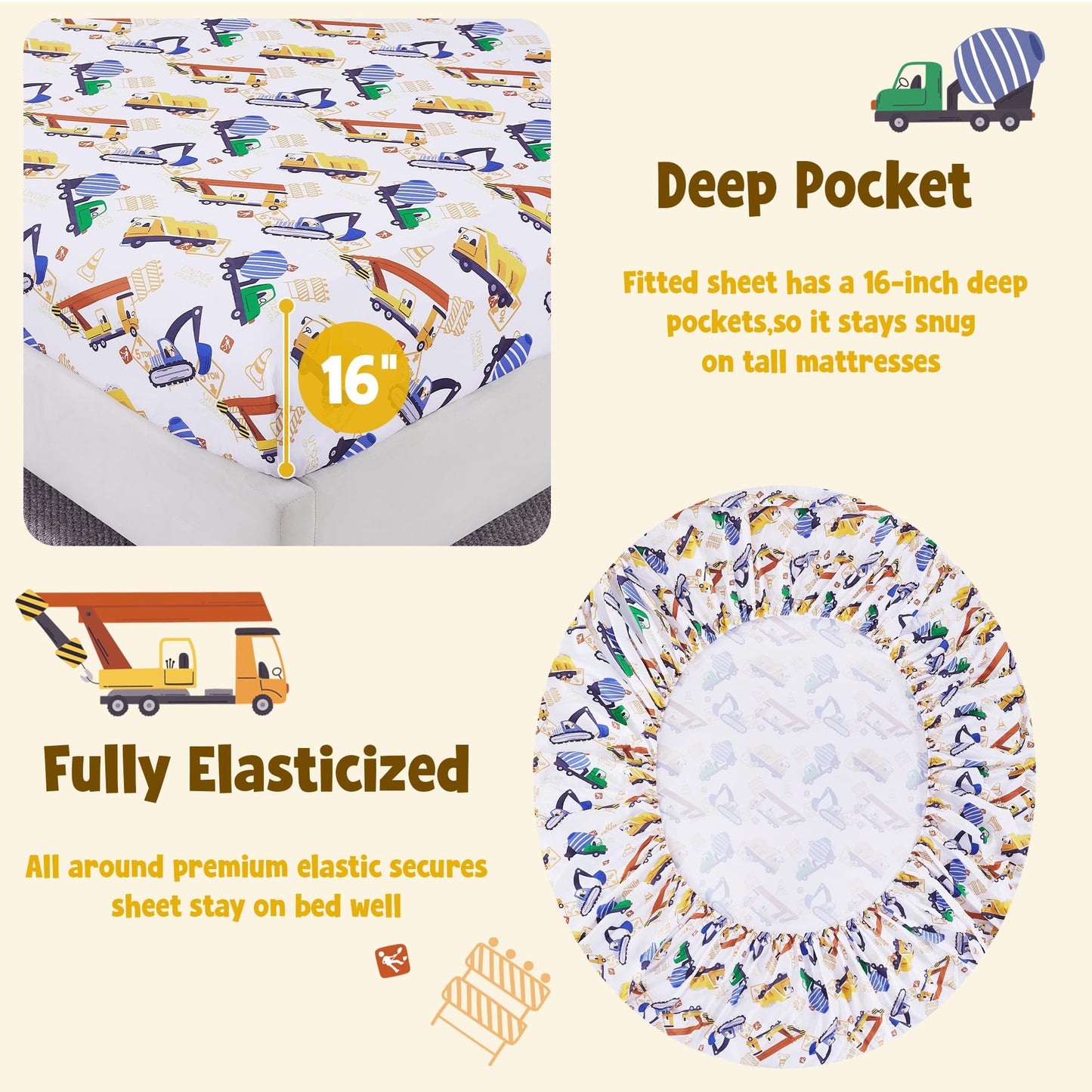 CozySmile Twin Sheet Set Kids,3 Pieces Breathable Soft Microfiber Bedsheets for Boys, Oeko-TEX, Anti Pilling Deep Pockets Easy Care Bed Sheets, Construction car