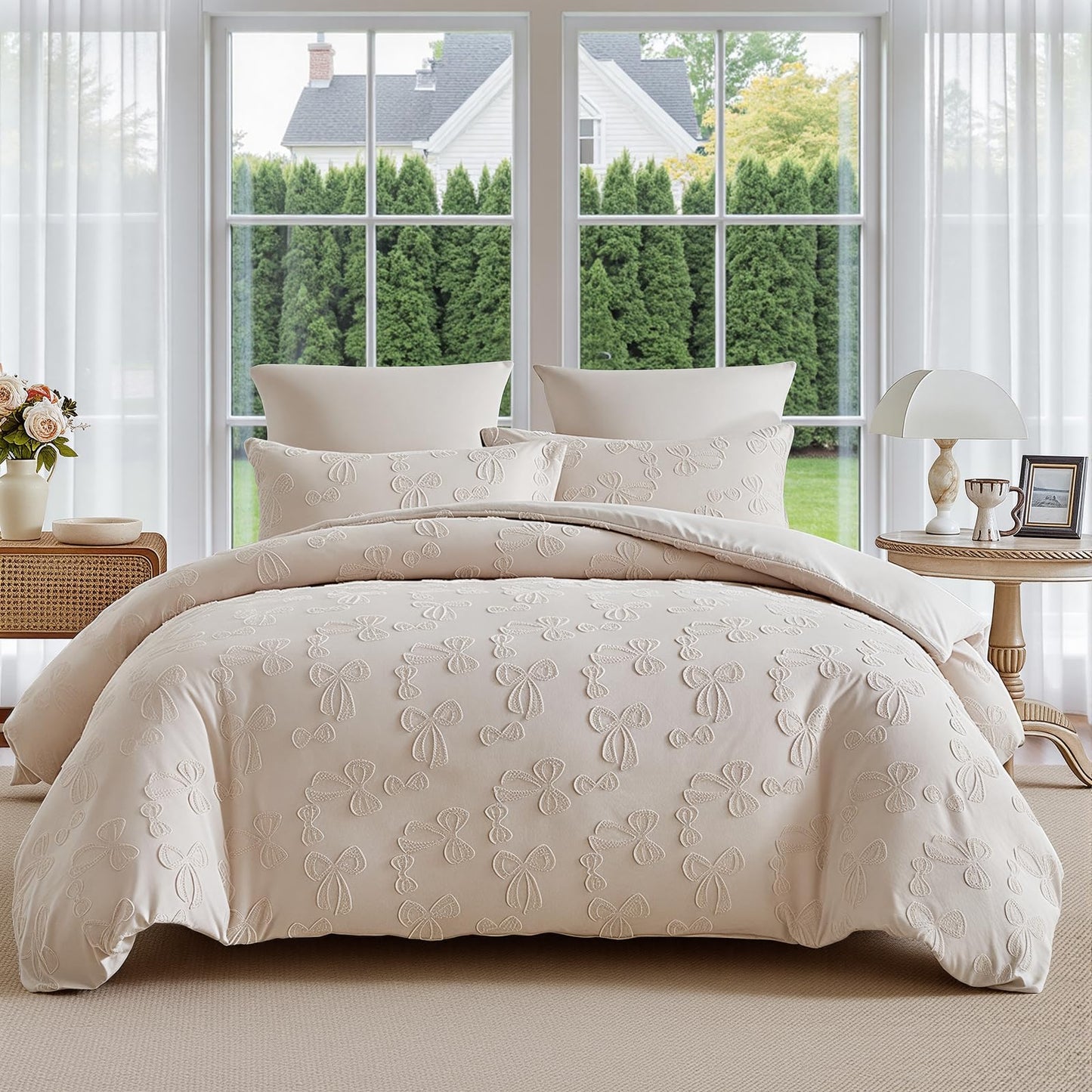 Jameswish 7 Pieces Bow Comforter Set for Girls Khaki Tufted Boho Bedding Set Queen Size Farmhouse Bed in A Bag as Gifts (1 Comforter, 1 Flat Sheet, 1 Fitted Sheet, 2 Pillowcase and 2 Pillow Sham)