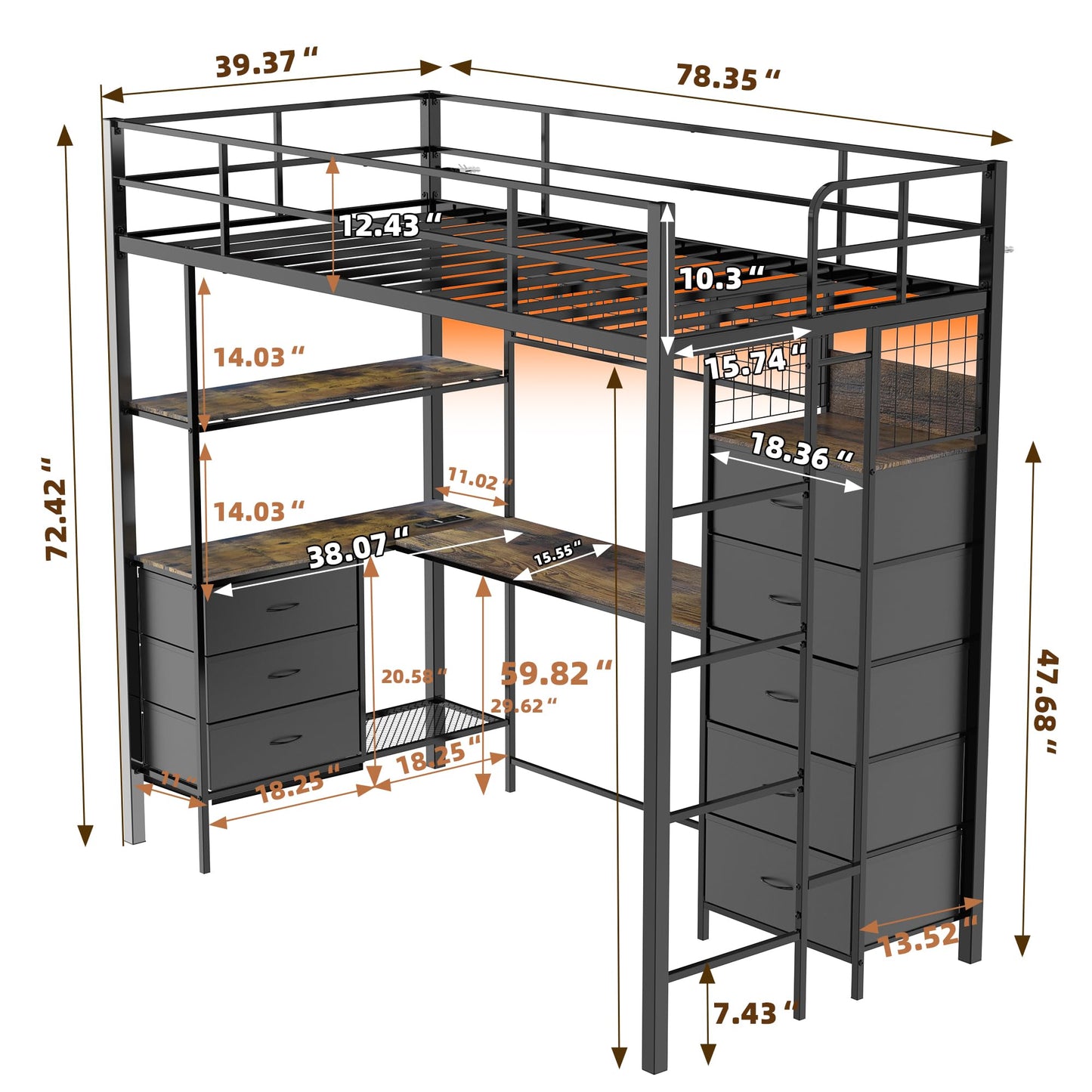 Godchoices Twin Size Loft Bed with L-Shaped Desk and 8 Storage Drawers, Metal Bunk Bed Frame with LED Lights,Power Outlet and 3 Storage Shelves,Twin Loft Bed with Safety Guardrail & Ladder (Black)