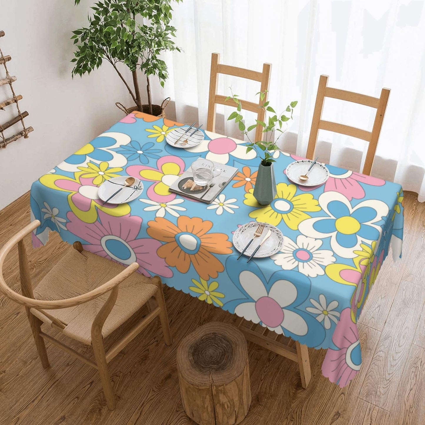 DRAVVIX Daisy Retro Groovy Rectangular Tablecloth Flower Table Cloth with Wavy Lace Decoration Polyester Table Cover for Dining, Parties 54x72 inch