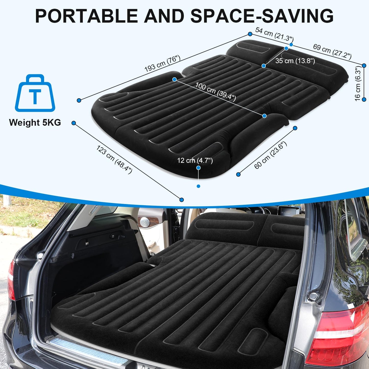 KMZ SUV Air Mattress with Electric Pump, Thick Double-Sided Flocked Camping Bed, Includes 2 Pillows & 2 Window Screens, Inflatable Travel Mattress for SUV Trunk and Rear Seat – Black