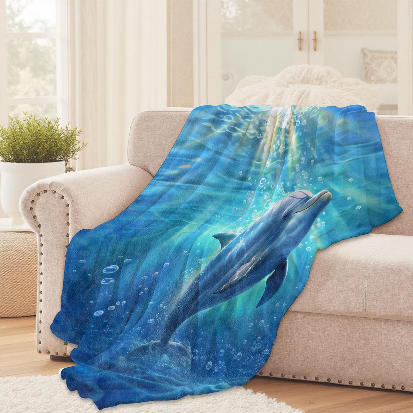 Dolphin Ocean Throw Blanket for Girls Boys Kids Adults, 50x60 in, Cozy Flannel Blanket for Bedroom, Camping, Couch, Room Decor, Fuzzy Warm Soft Gifts