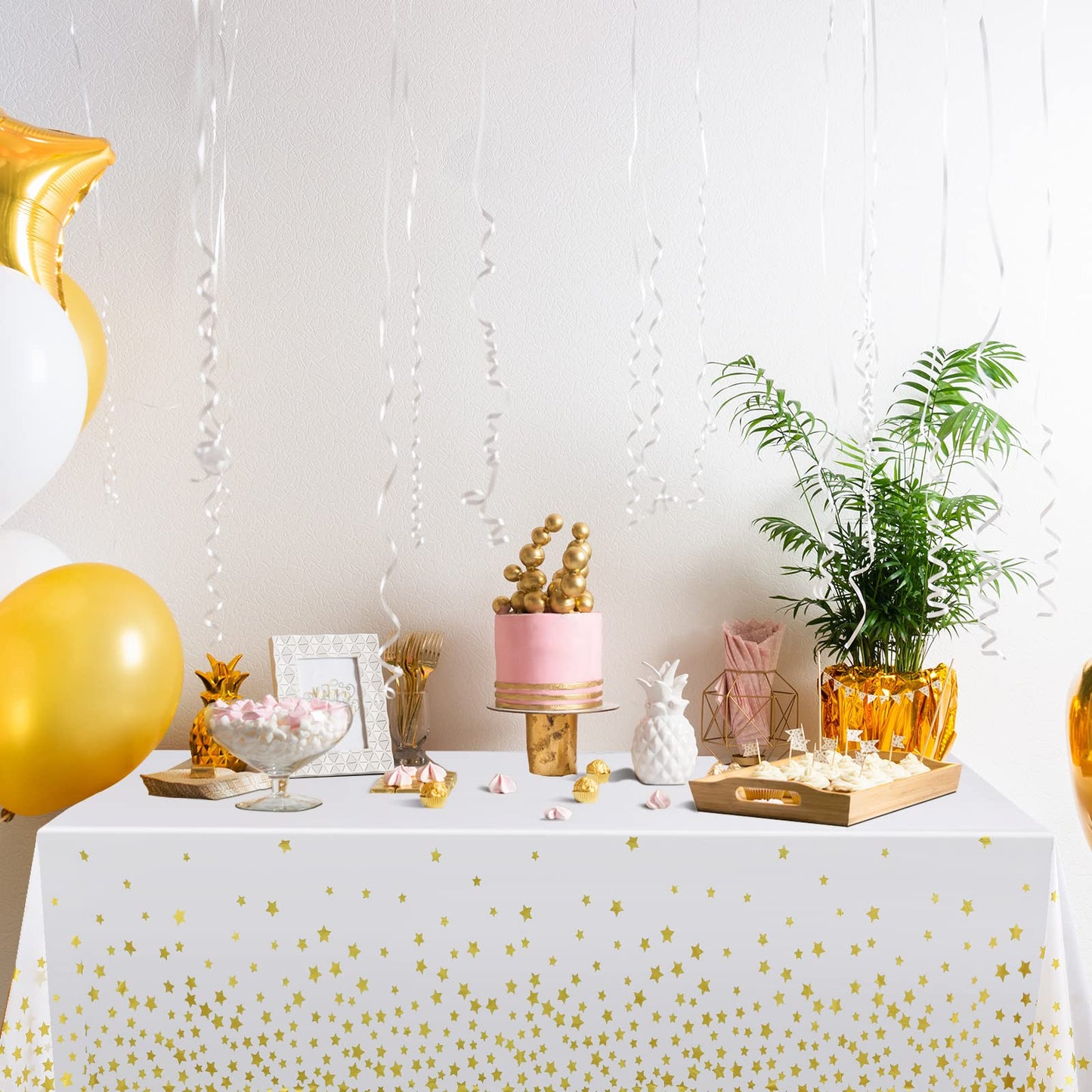 Tudomro 6 Pack Gold Star Tablecloths Under The Plastic Table Cover Disposable White Gold Table Cloth Rectangle Twinkle Little Stars Decor for Bee Birthday Wedding Baby Shower Supplies 108 x 54 Inch
