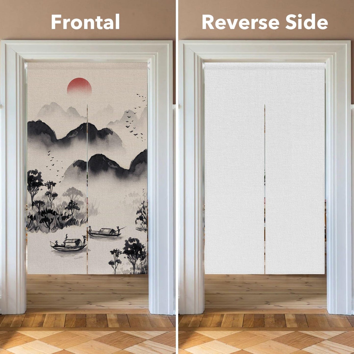 Leowefowa Chinese Ink Painting Doorway Curtain Mountain Boat Door Trapestry Feng Shui Window Treatment Hanging Japanese Noren Bedroom Divider Kitchen Door Asian Home Decor, 33.5"x 70.9"