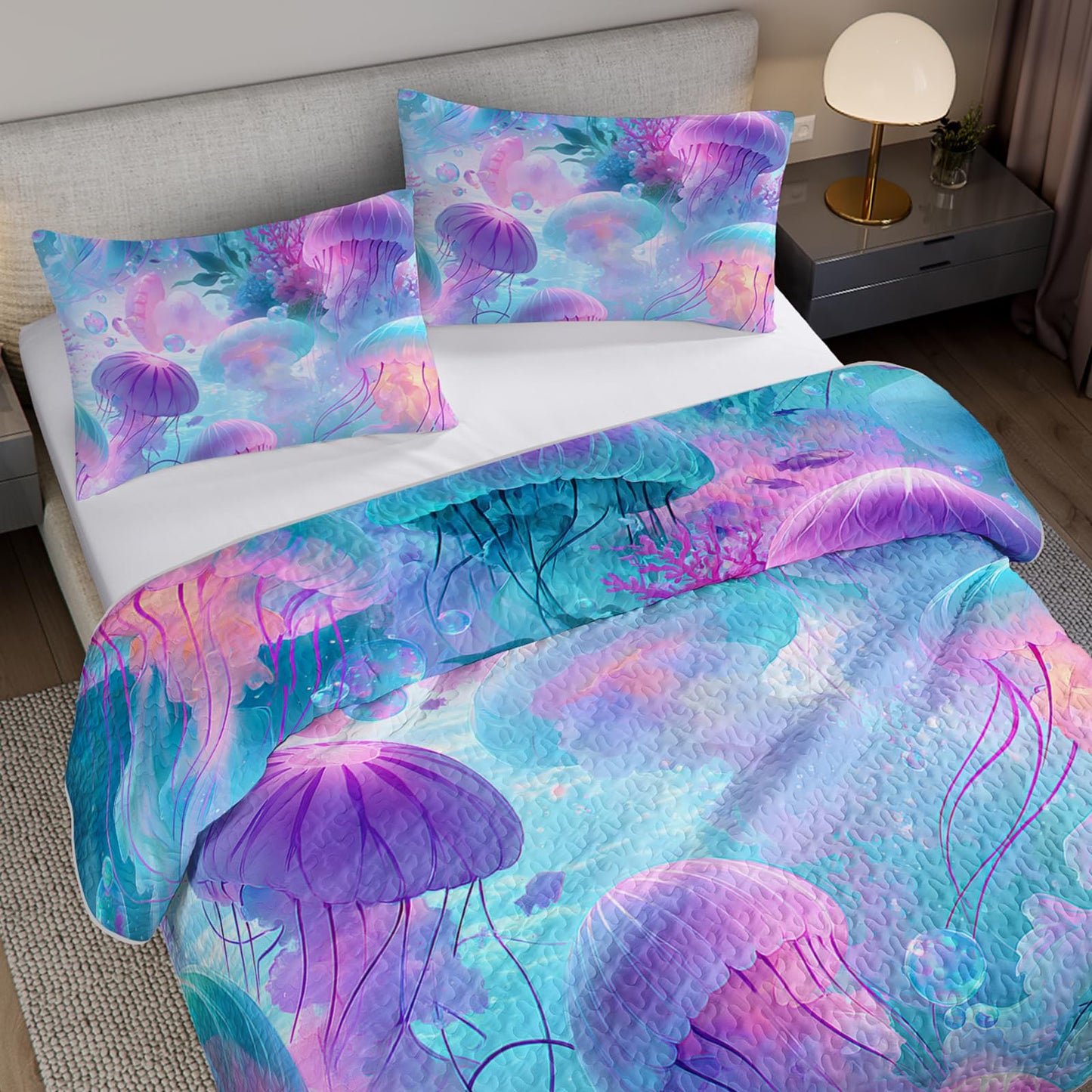 AILONEN Full Quilted Comforter 3-Piece Set Magenta Jellyfish Bedspread Coverlet 2 Pillowcases Soft Cyan Marine Bedding for Teens Guest Apartment Underwater Ethereal Aquatic Sea Glow
