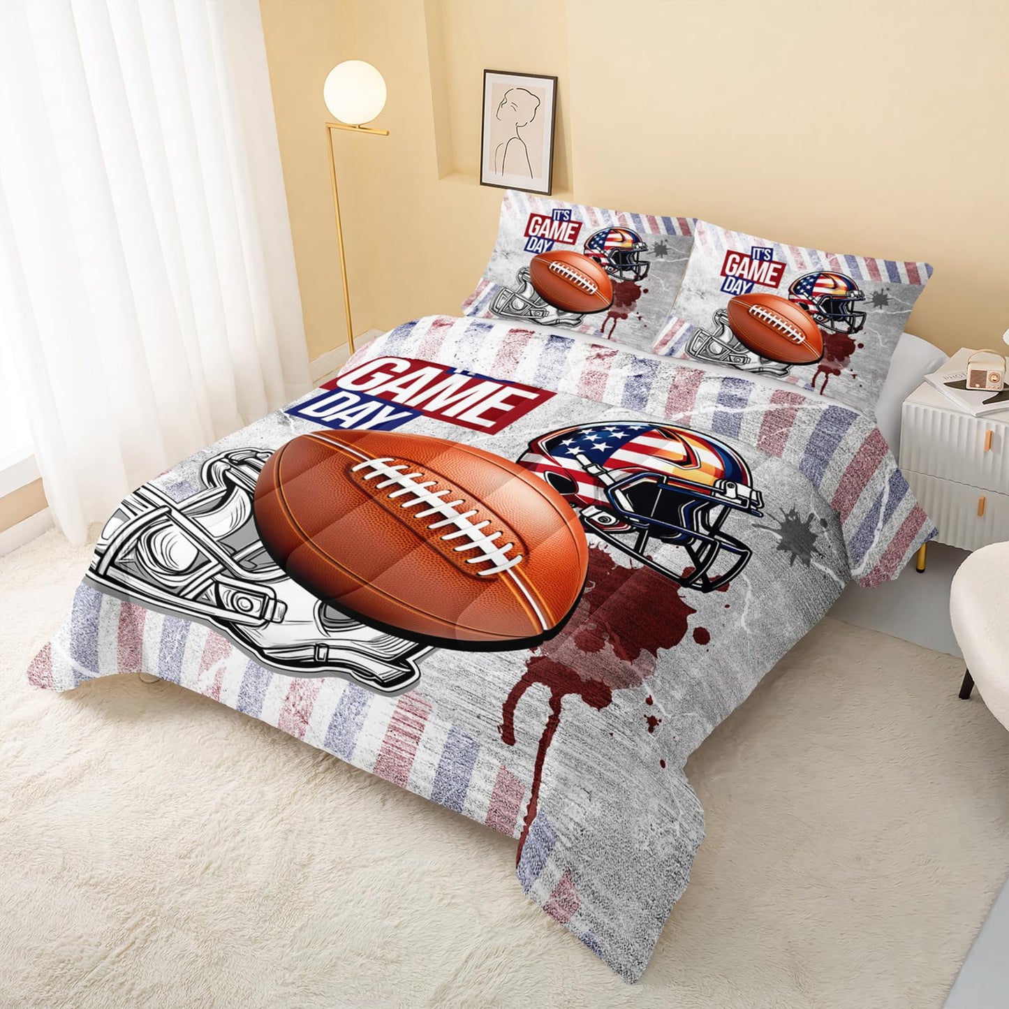 QOOMO Baseball Kids Bedding Set,Cartoon Helmet Print Comforter Set Queen Size for Baseball Fan Room Decorat,Soft Lightweight Bed Set All Season,1 Comforter Set 2 Pillowcases