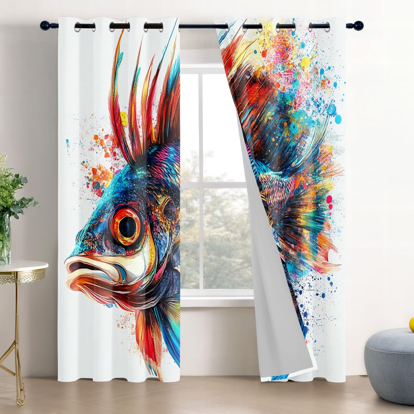 Big Pike Curtains Blackout, Colorful Fish Fishing Splatter Black Out Curtains 63 Inch Long Printed, Room Darkening Thermal Insulated Grommet Drapes for Bedroom Living Room