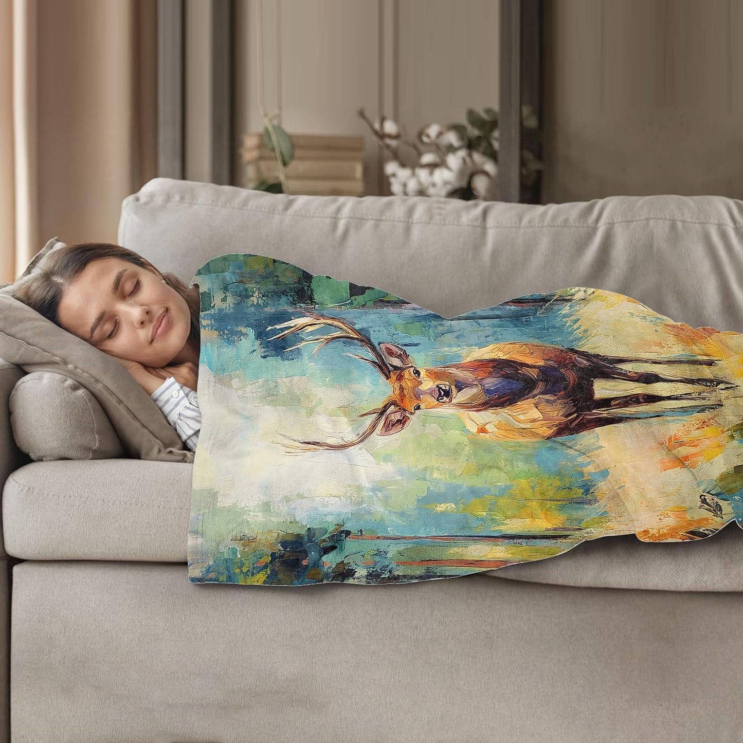 Plistiz Deer Throw Blanket 50"x60", Forest Theme Blanket for Living Room, Soft Flannel Deer Gift for Adults and Women