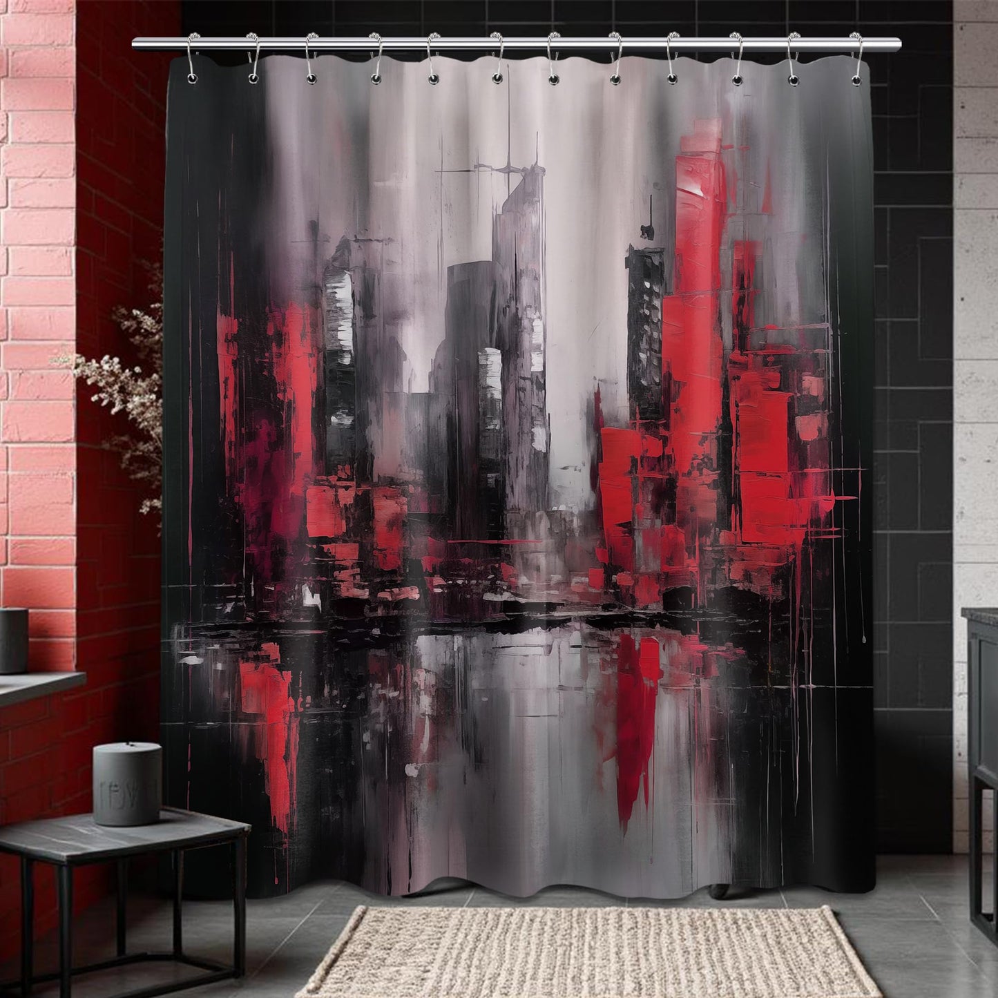 dueeia Red and Black Abstract Shower Curtain, Dark Red, 70 x 72 inch