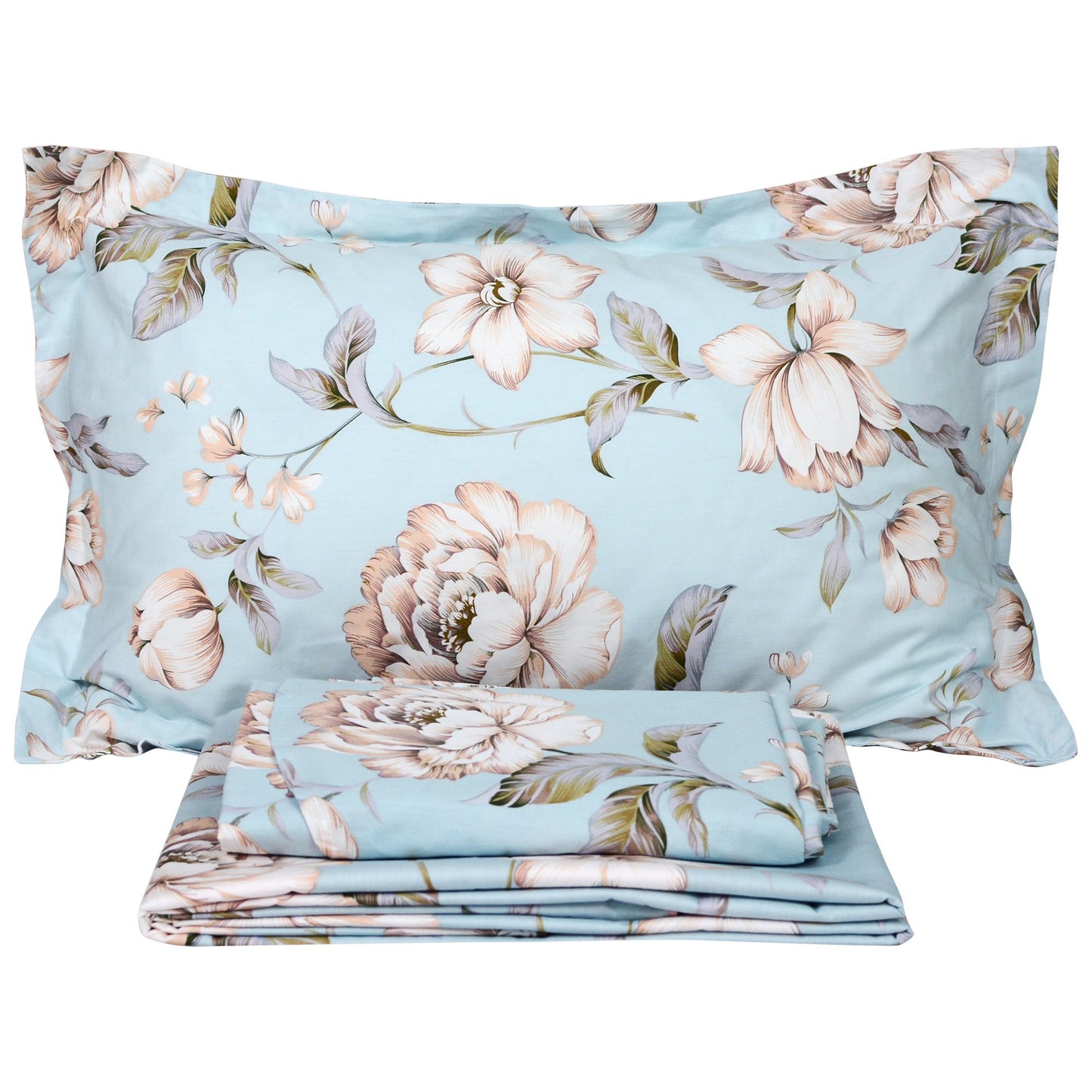 FADFAY Shabby Floral Bed Sheet Set Farmhouse Bedding Blue Cotton Winter Bedding Deep Pocket Sheets 4-Piece King Size