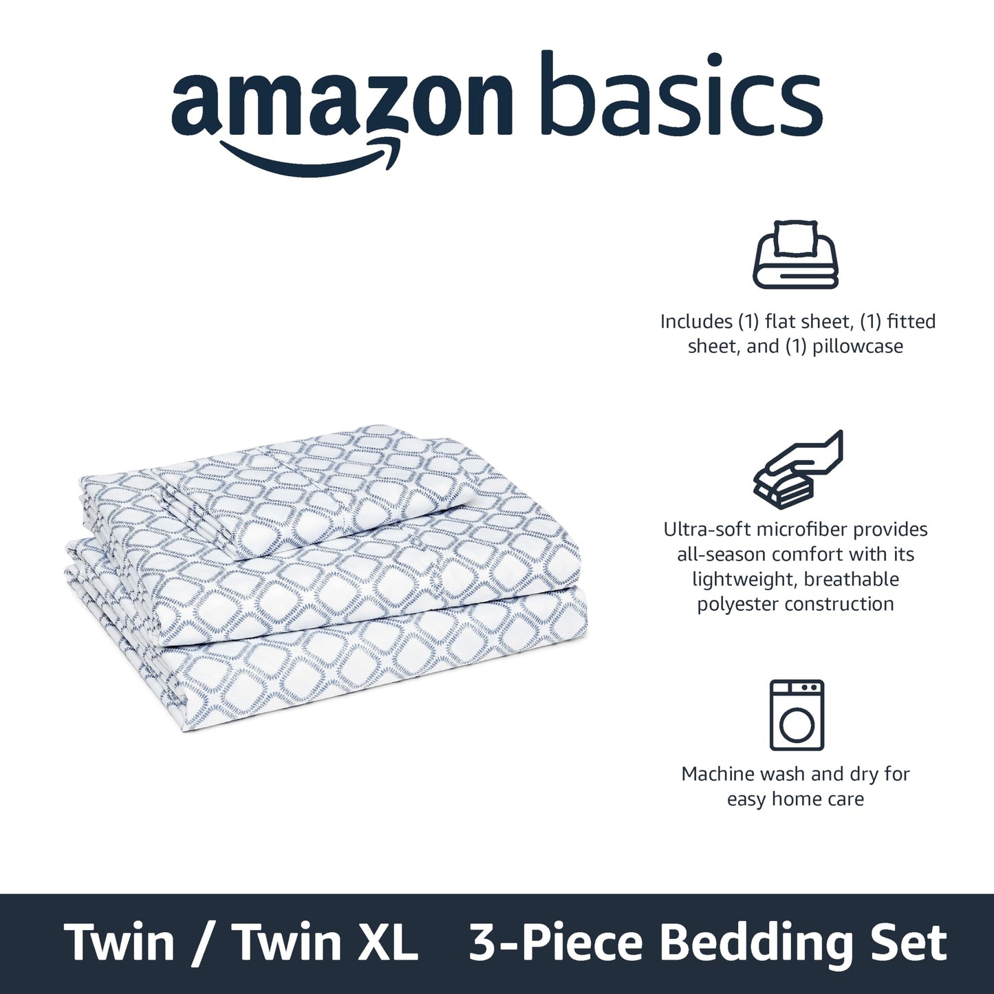 Amazon Basics Lightweight Microfiber 3-Piece Bed Sheet Set, Twin XL, Aqua, Printed