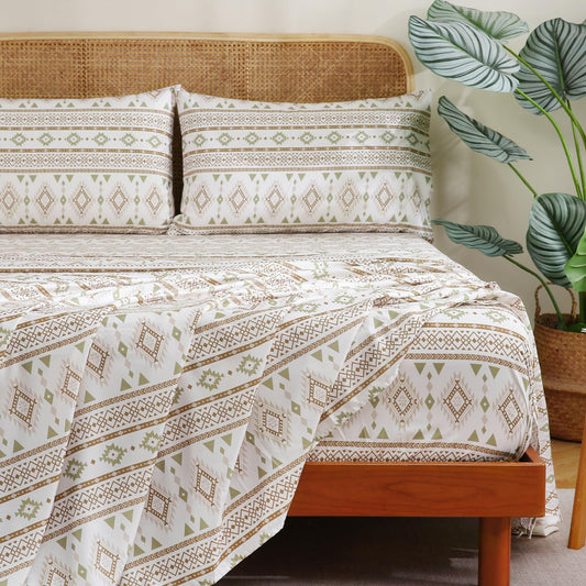 CozySmile 4 Pieces Queen Sheet Set Bohemian, Boho Sheets Soft Microfiber Deep Pocket, Western Sheets Geometric(Queen, Cream Olive Geometric)