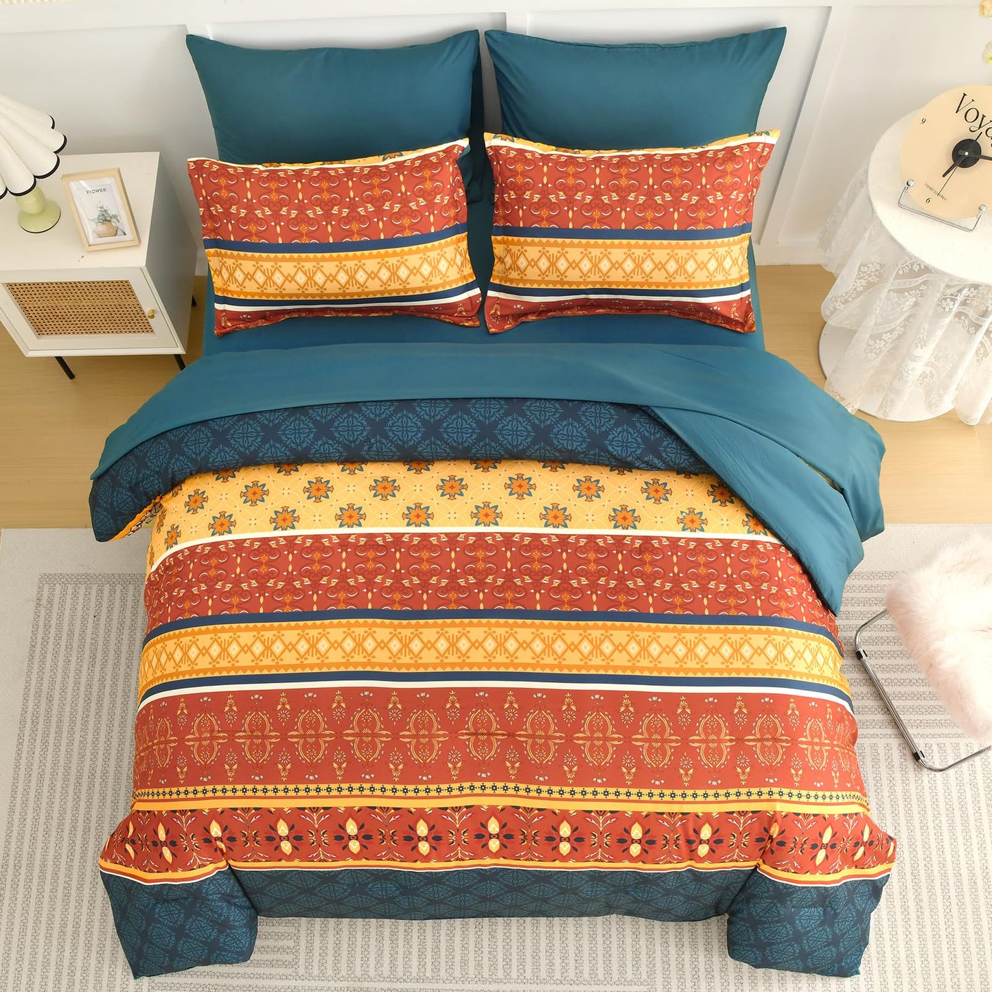 WONGS BEDDING Boho Comforter Set King Size,7 Pieces Bed in a Bag Bohemian Striped Bedding Set,Burnt Orange Paisley Floral Comfortet and Sheet Set,Soft Microfiber Bedding Sets for All Season