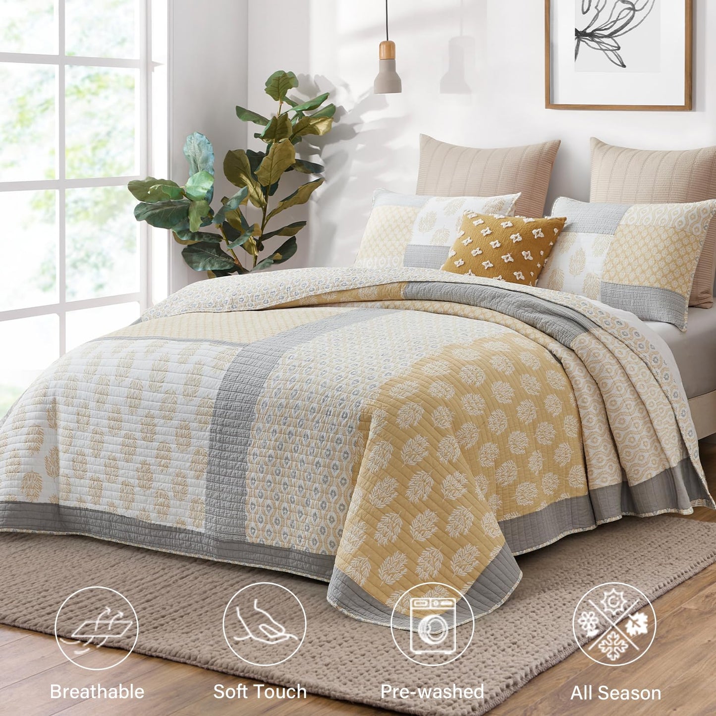 Finlonte King Size Quilt, 100% Cotton Comforter King Size, Yellow Grey Farmhouse Quilted Bedspread, Patchwork Lightweight Reversible Quilt Bedding Set for King Bed, 3-Pieces