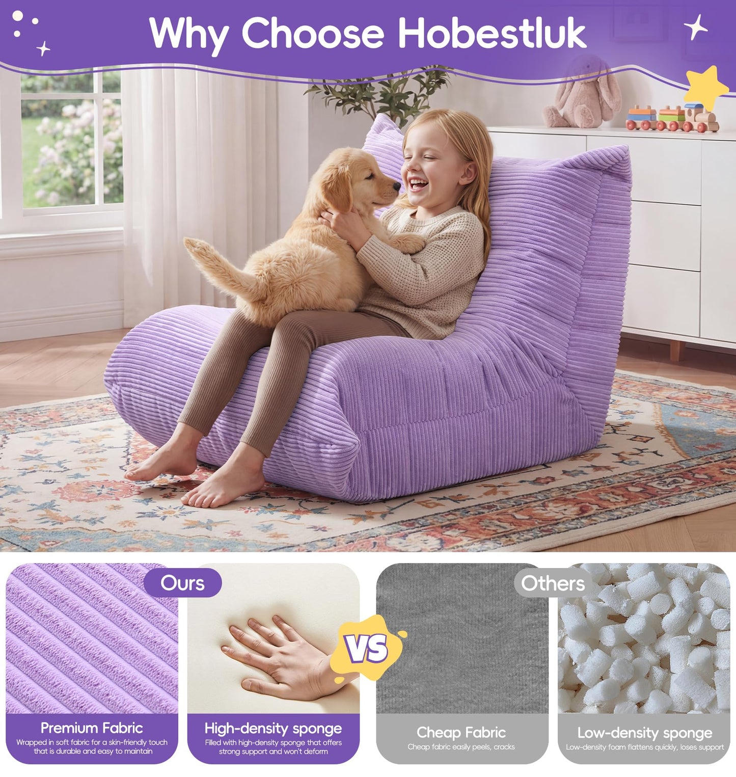 Hobestluk Bean Bag Chair for Kids Toddler Bean Bag Chair with Memory Foam Filler Beanbag with Spacious Design Bean Bag Couch for Reading Gaming Relaxing (Purple, Small)
