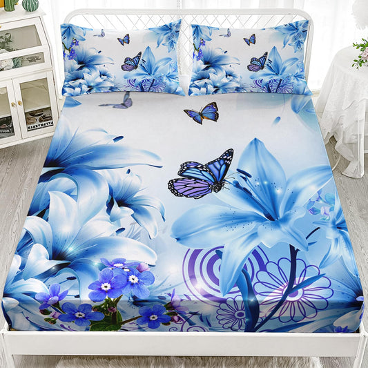 AILONEN Butterfly Fitted Sheet Twin Size Sheets for Girls Women, Blue Lily Flower Bed Sheets,Flying Animals Theme Bedding Set 3 Pieces,Soft Breathable Fitted Sheet and 2 Pillowcases