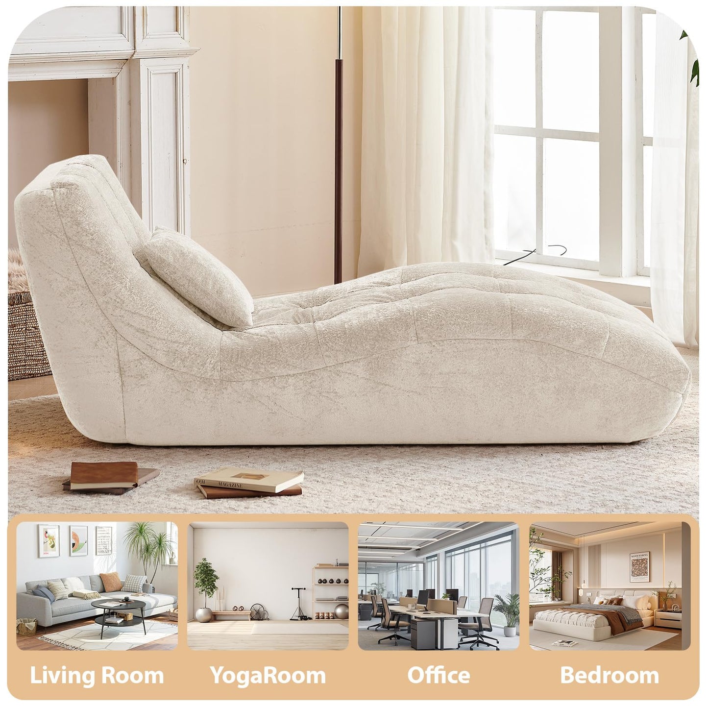 Huadeo Chaise Lounge Chair with Curved Back, Modern Upholstered Recliner Sofa, Tufted Accent Lounger Comfortable Lazy Chair for Bedroom, Apartment (Beige)