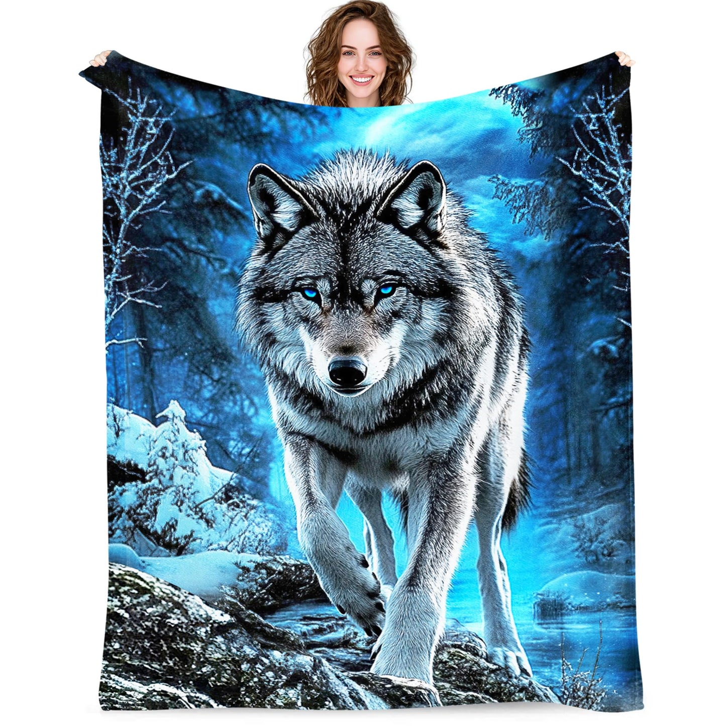 Wolf Blanket for Men Women, Super Soft Cool Blue Forest Animal Majestic Wolf Stuff Blanket Gifts for Wildlife Lovers Adults Kids Girls Boys, Warm Cozy Fuzzy Plush Fleece Flannel Throw Blankets 50"x40"
