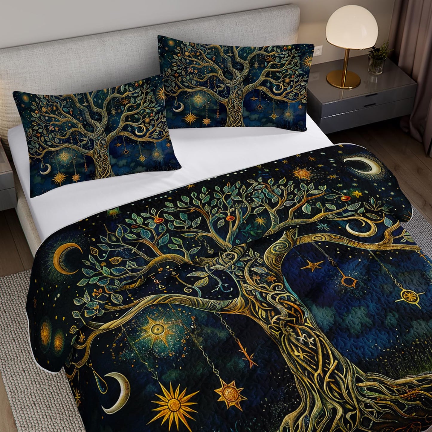 XYNHML Dreamy Tree of Life Quilts Bedding Full 3Pcs Mysterious Sun Moon Starry Celestial Quilt Bed Set Lightweight Soft Bedspreads Coverlet with 2 Pillowcases for Kid Boy Girl Teen Adult Bed Decor