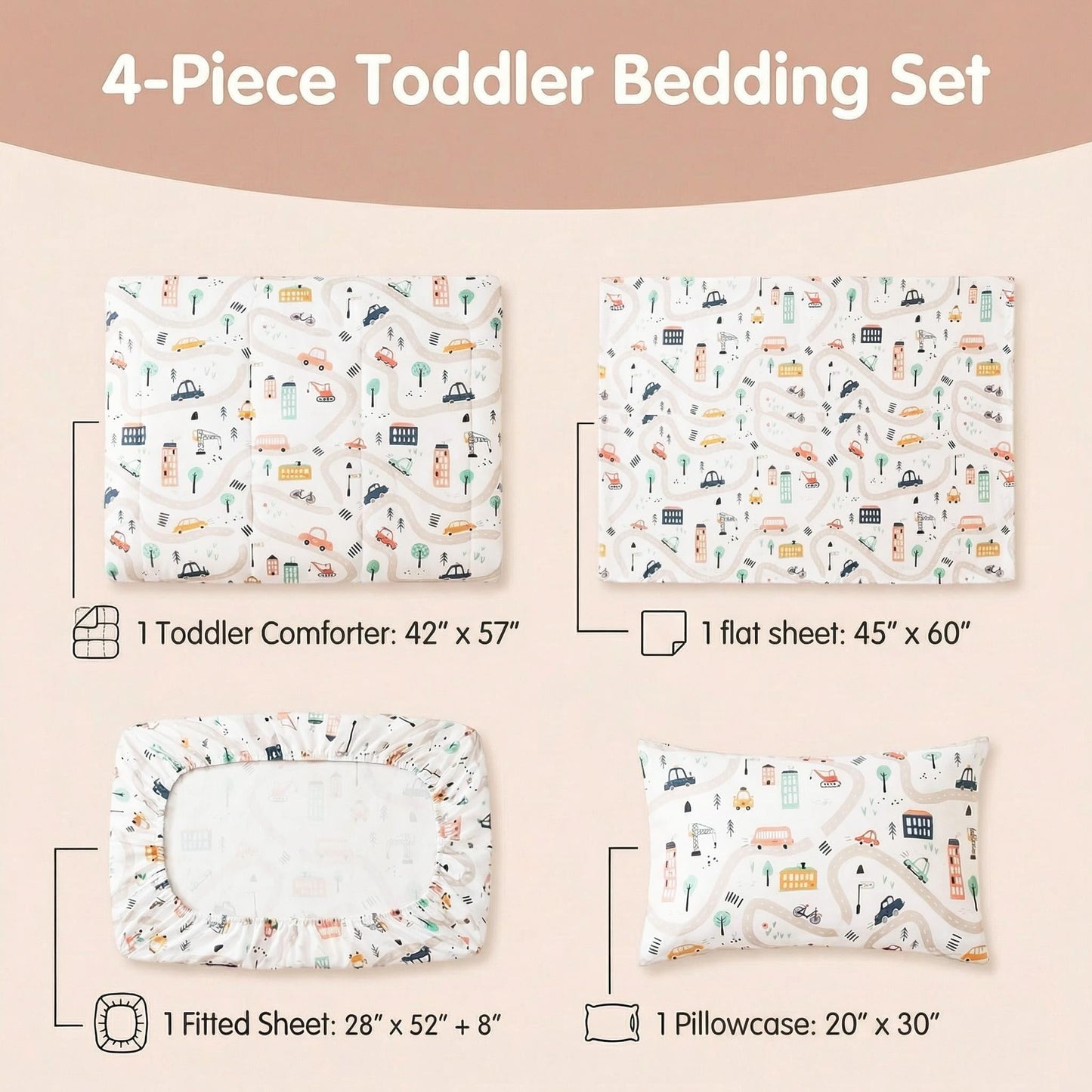 JSD Car Toddler Bedding Set, 4 Piece Bed-in-a-Bag Toddler Microfiber Comforter Sheet Set, All Season Machine Washable
