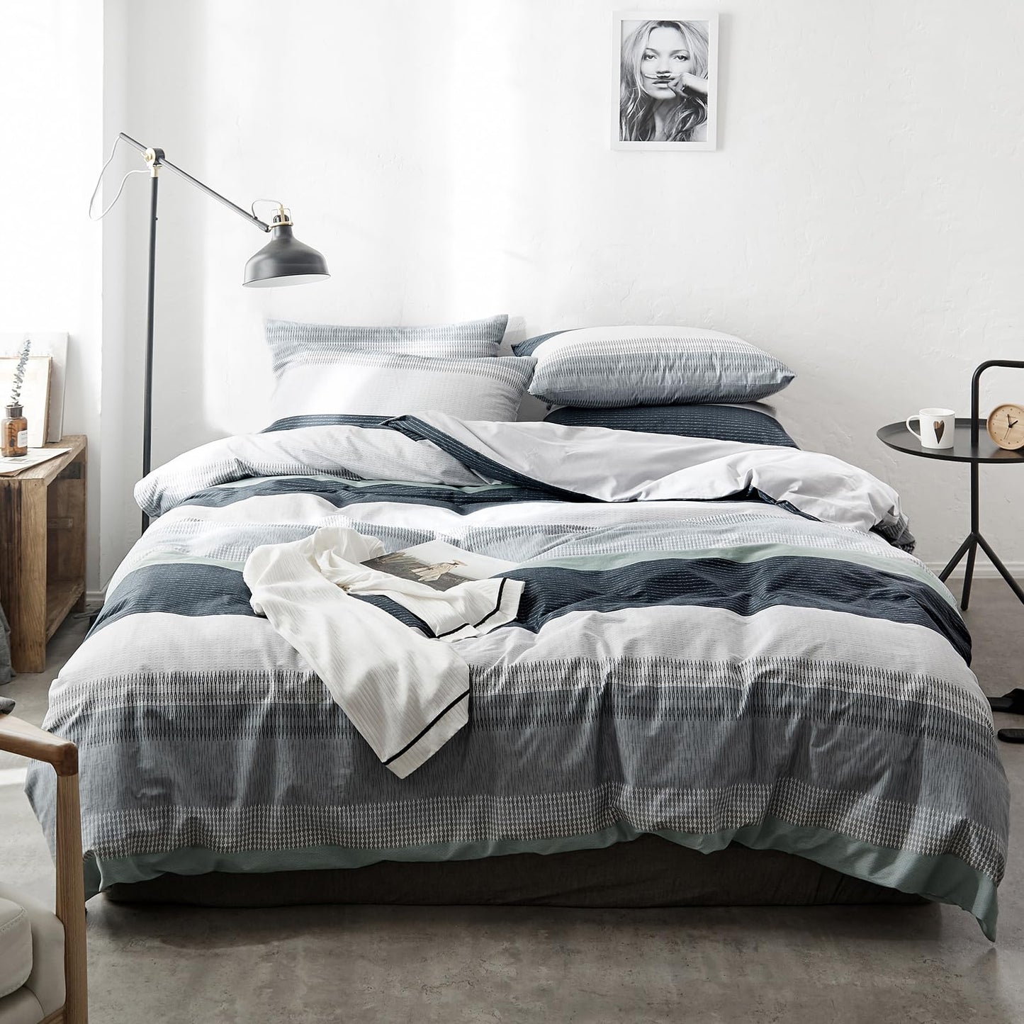 VM VOUGEMARKET Bedding Striped Duvet Cover Queen,3 Pieces Blue Gray Duvet Cover Sets, Cotton,Modern Simple Comforter Cover for Teens Men-Full/Queen,Martin
