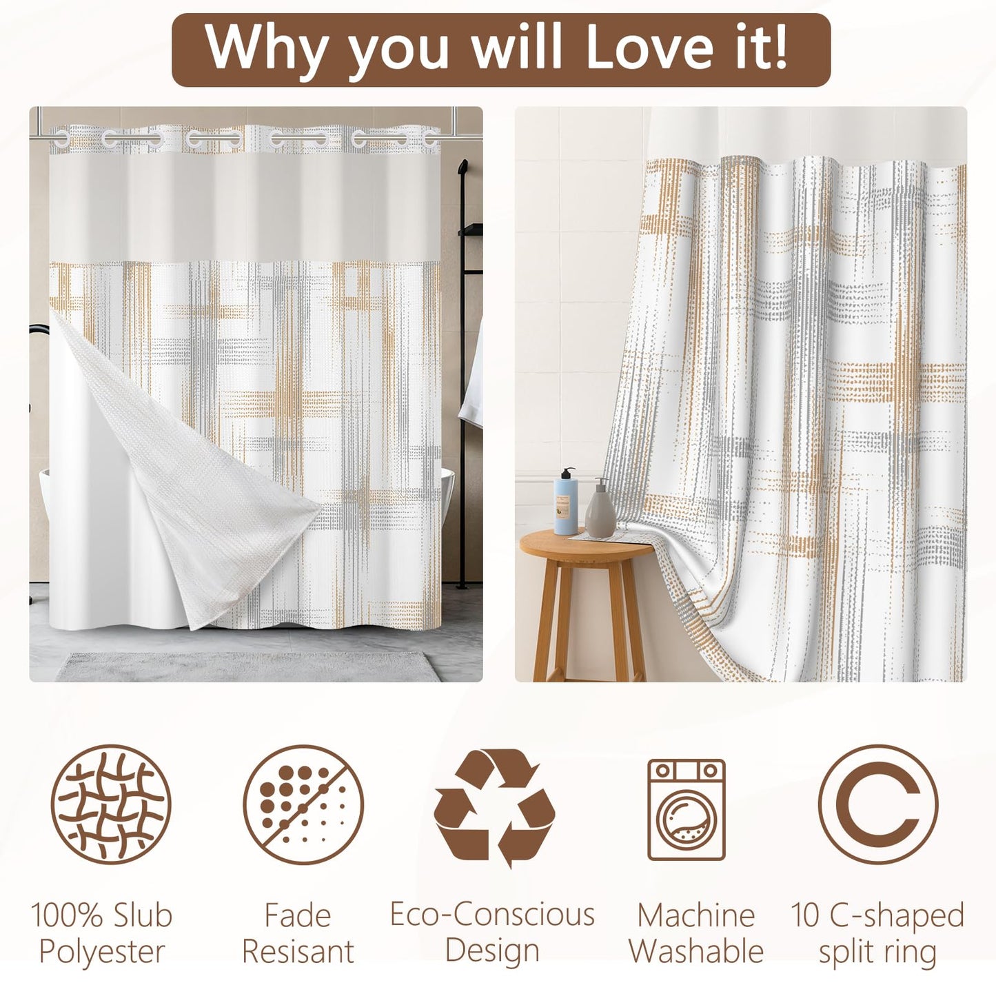 NAEMBCU No Hook Waffle Shower Curtain with Snap in Liner 71x74 Inch