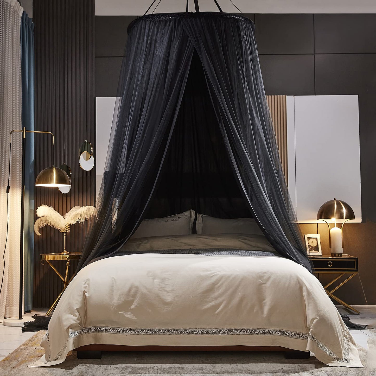 Kertnic Luxurious Bed Canopy for Girls & Adults - Double Layer Princess Canopy with Lace, Round Dome Mosquito Netting for Queen/King Bed Tent (Black)