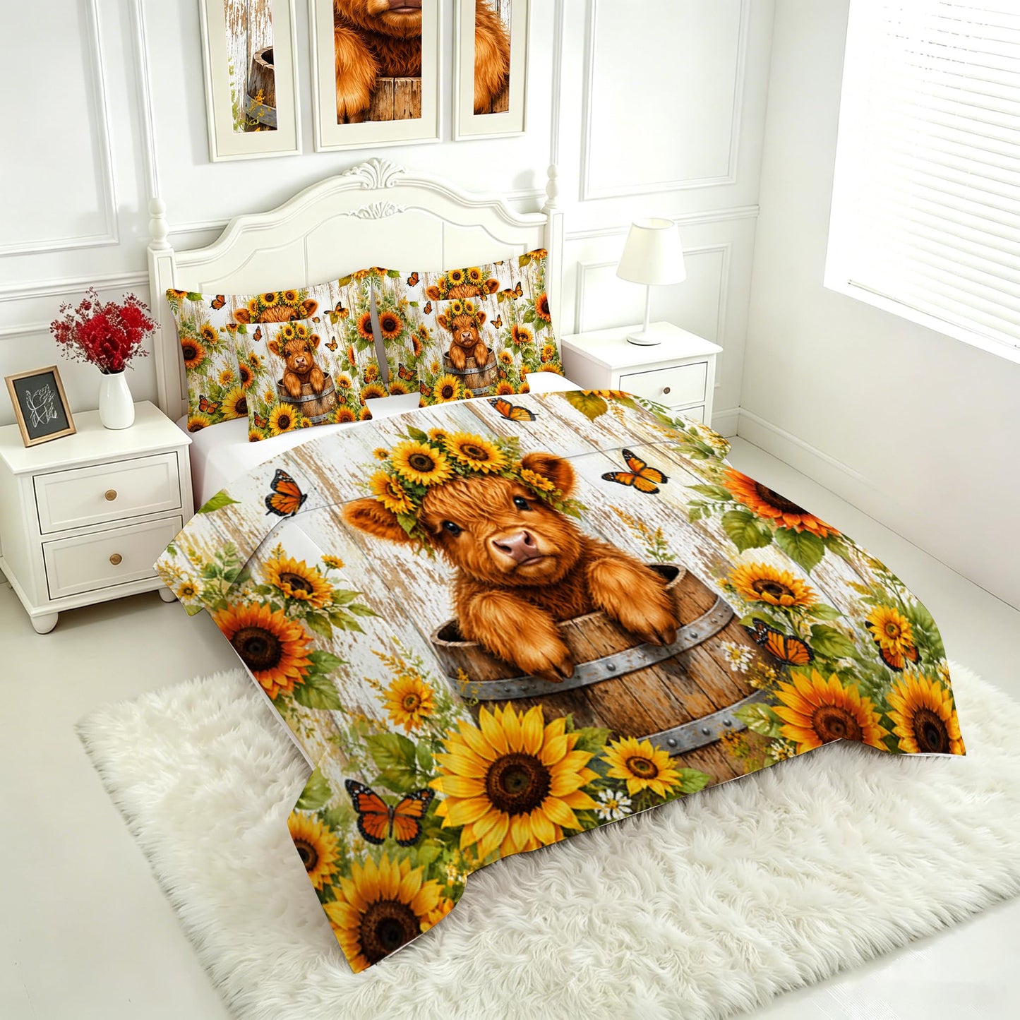 FUYEUN 7 Pcs Farmhouse Animal Bedding Comforter Set Queen Size, Kawaii Highland Calf in Barrel Print,Bed in a Bag with Flat Sheet & Pillowcases,Children Bedroom Decor