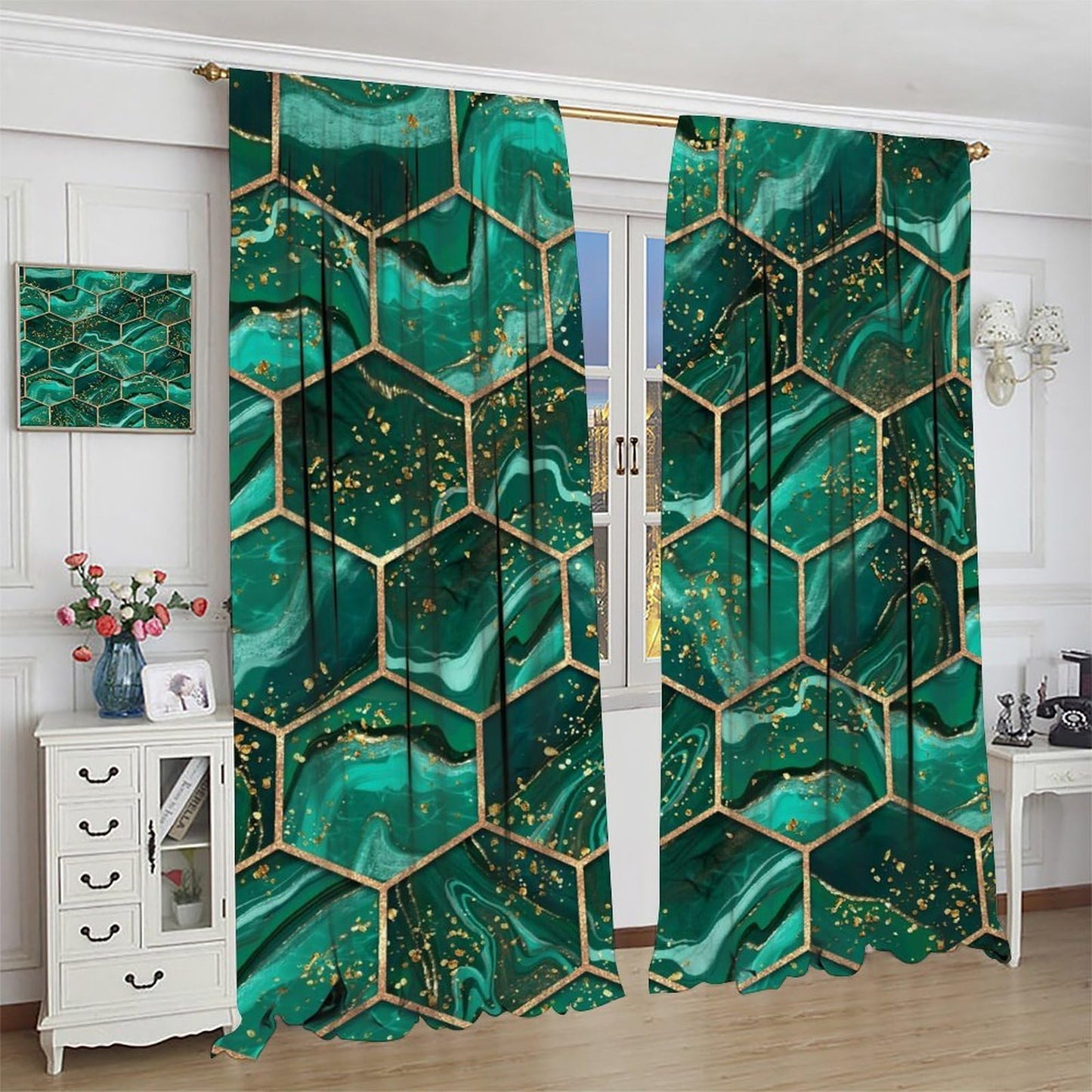 BPANAOAD Green Hexagon Marble Blackout Curtains 2 Panels, Gold Foil Print Luxury Modern Geometric Grommet Drapes, Thermal Insulated Room Darkening Window Treatments for Living Room Bedroom 42x44 Inch