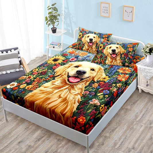 HOSIMA Dog Fitted Sheet Full,Various Colorful Flowers Print Animal Bedding for Kids Boys Girls Room Decor,Smiling Dog Pattern Lightweight Cute Bedding,1 Fitted Sheet+2 Pillowcases.