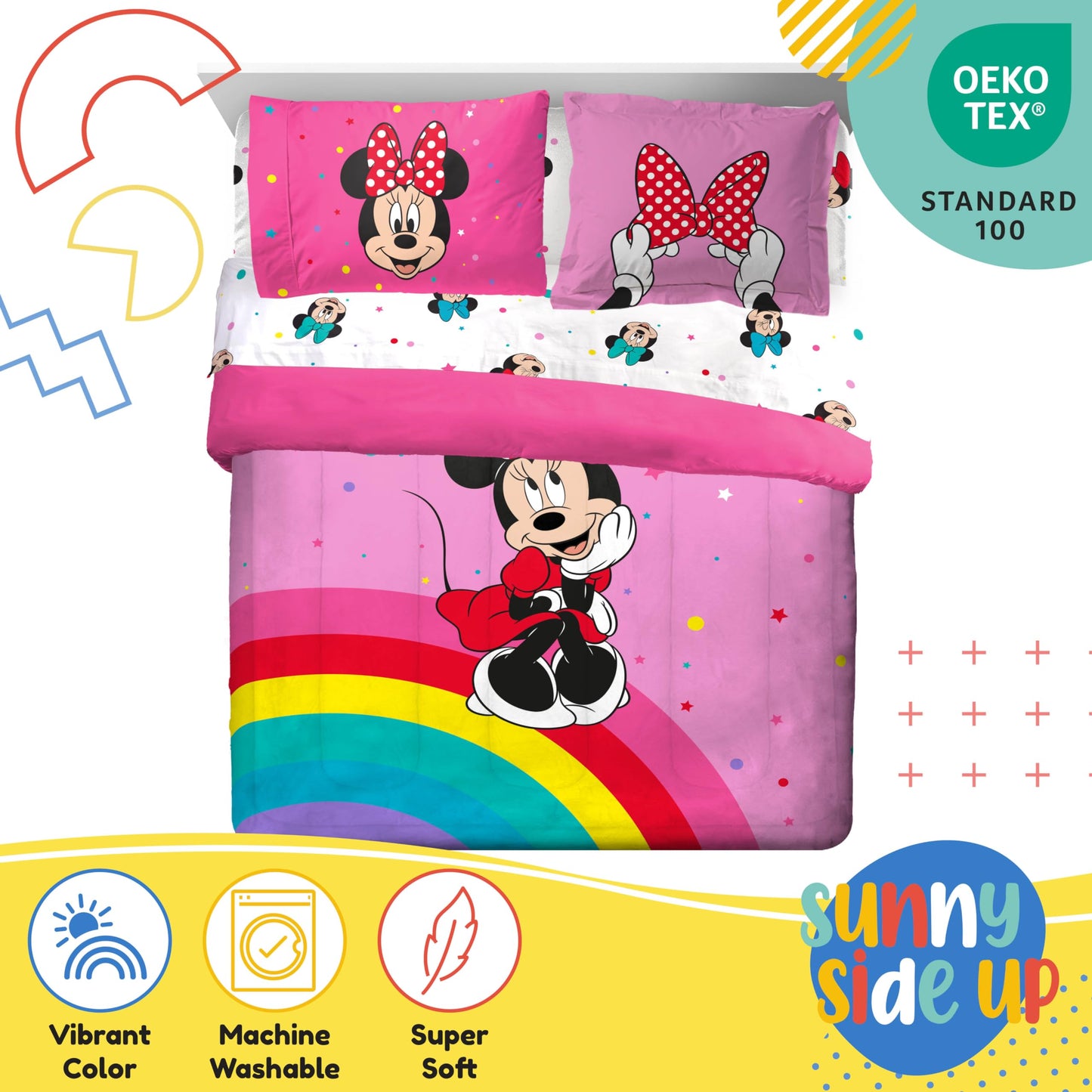 Sunny Side Up Disney Minnie Mouse Full Comforter Set - 7 Piece Kids Bedding Includes Comforter, Sheets & Pillow Cover - Super Soft Rainbow Dots Microfiber Bed Set