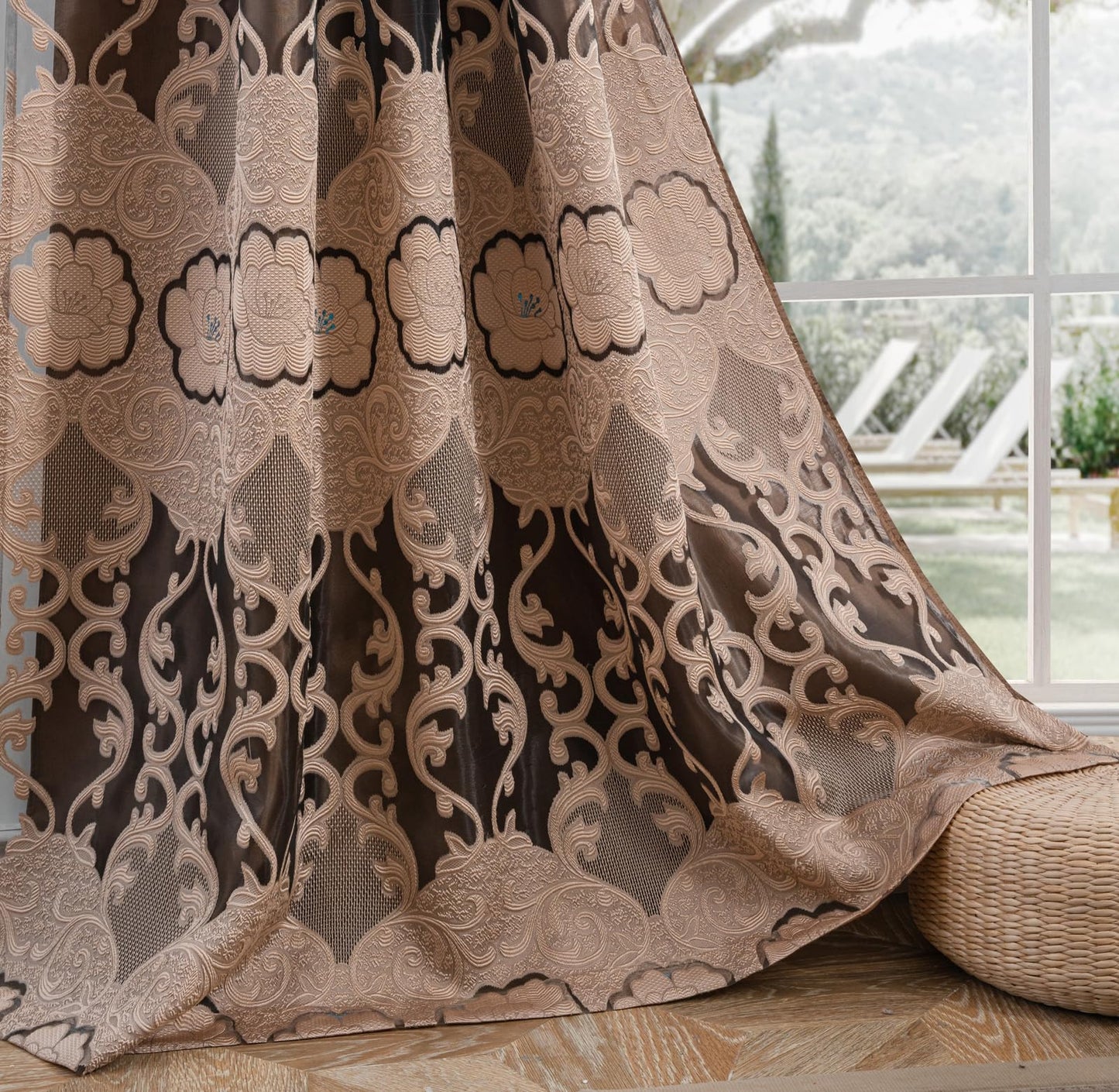 Petrichor Taupe Sheer Jacquard Voile Curtains （54" W x 84" L）, 2 Panels with Attached Valance, Double Layer Floral Cutwork Design with Luxurious Texture,Rod Pocket, for Bedroom & Living Room