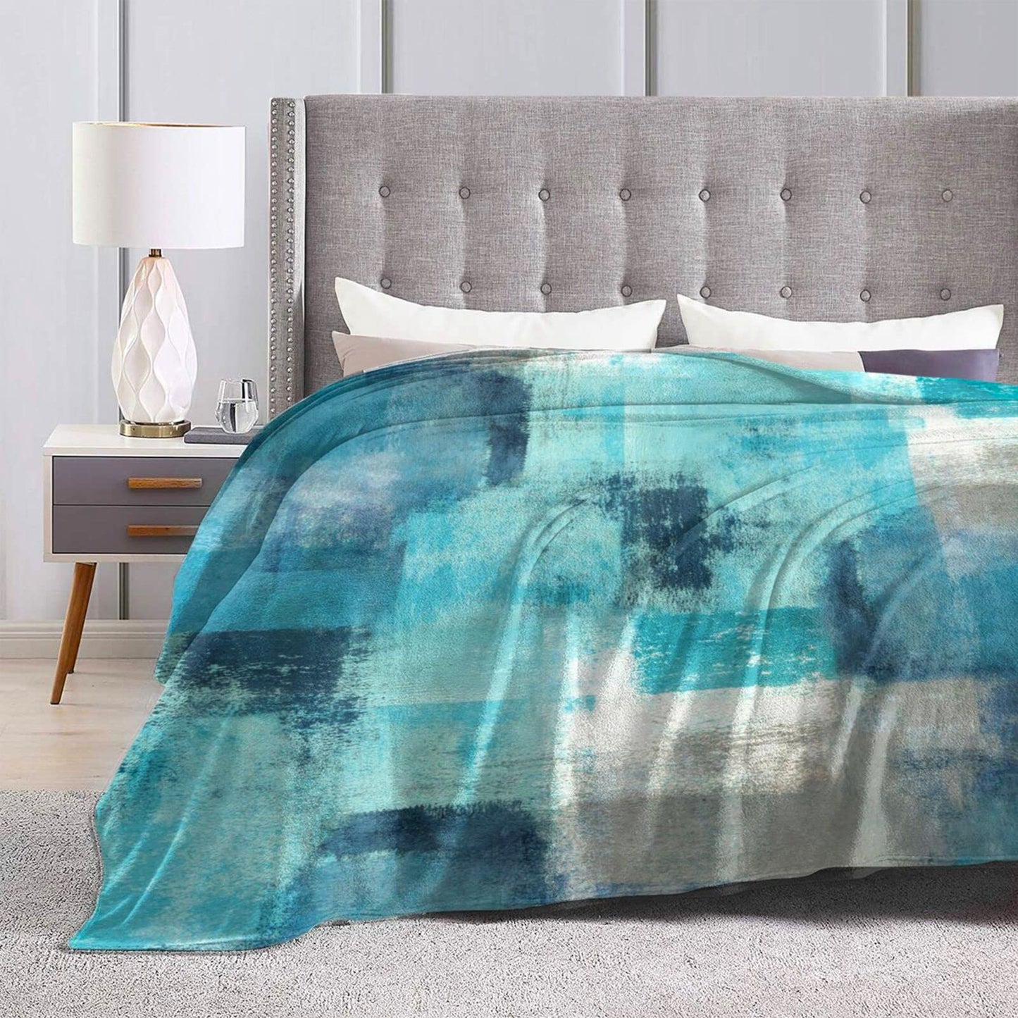 Teal Grey Throw Blanket Turquoise Abstract Art Ultra-Soft Cozy Fleece Blankets Lightweight Modern Flannel Blanket for Couch Sofa Bedding Home Decor (Turquoise Gray, 80" L x 60" W)