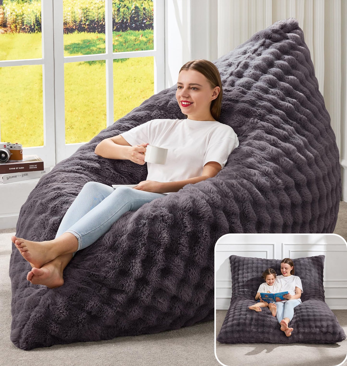 Hobestluk 3 in 1 Bean Bag Chair Giant Bean Bag Chairs for Adults with Bubble Cover Convertible Bean Bag Floor Cushion with Machine Washable Cover for Living Room (Bubble Dark Grey)