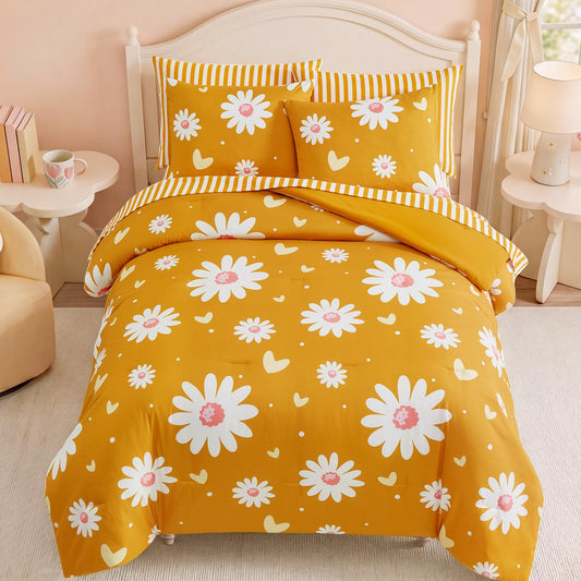 AMBERSPACE Twin XL Comforter Set for Girls, Mustard Yellow Daisy Bedding Set with Cute Heart, All Season Kids Bed in a Bag Dorm 5 Pieces with Sheets, Pillowcase & Sham