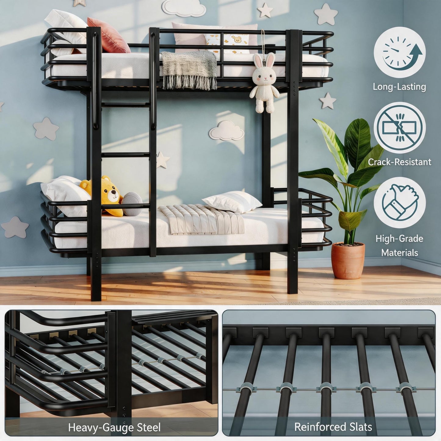 Einhomn Curved Metal Bunk Bed Twin Over Twin, Heavy Duty Bunkbeds with Safety Guardrails, Ladder with Built-in Handrails & Wide Steps, Space-Saving Design for Kids, Teens & Adults