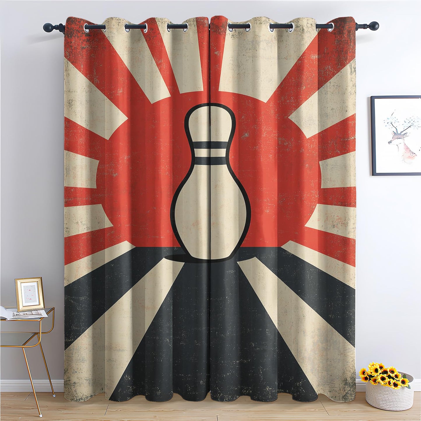 Phtbz Retro Bowling Blackout Curtains 45 Inch Length 2 Panels Set, Bowling Pin Patterned Curtains for Bedroom, Living Room Decor, Room Darkening Thermal Insulated Grommet Drapes