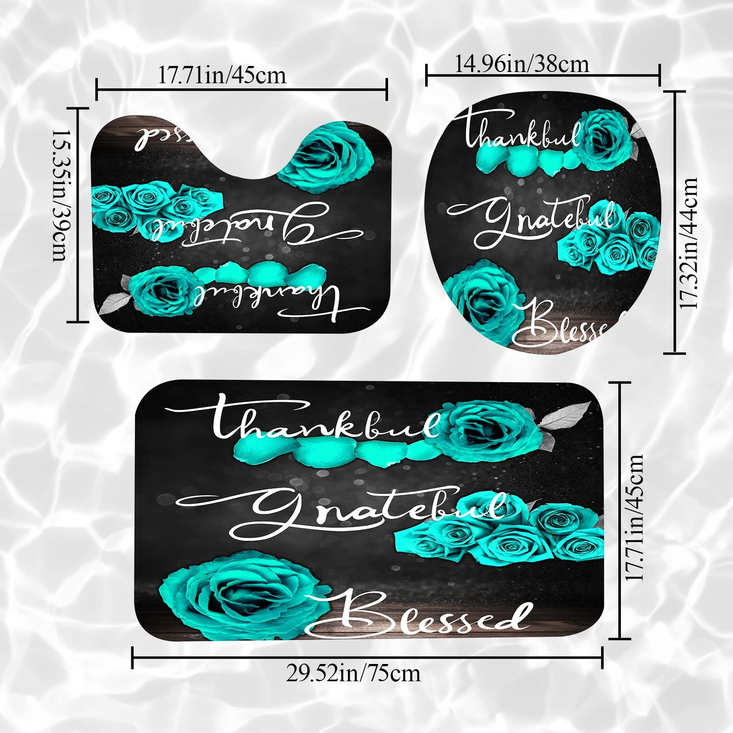 4Pcs Teal Rose Shower Curtain Set, Thankful Grateful Blessed Turquoise Bathtub Curtain with Non-Slip Rug, Toilet Lid Cover, Bath Mat and 12 Hooks, Romantic Green Floral Bathroom Decor, 72 x 72 inch