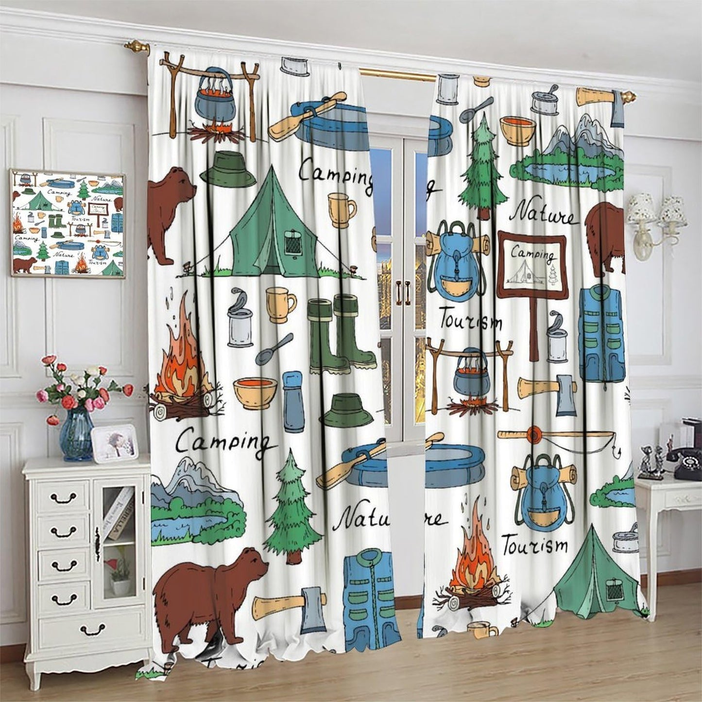 Nanacur Rustic Farmhouse Camper Curtain, Retro Wood Travel Trailer Camping Print Theme Window Drapes, for Living Room Bedroom 42" W X 45" L (Decorative)