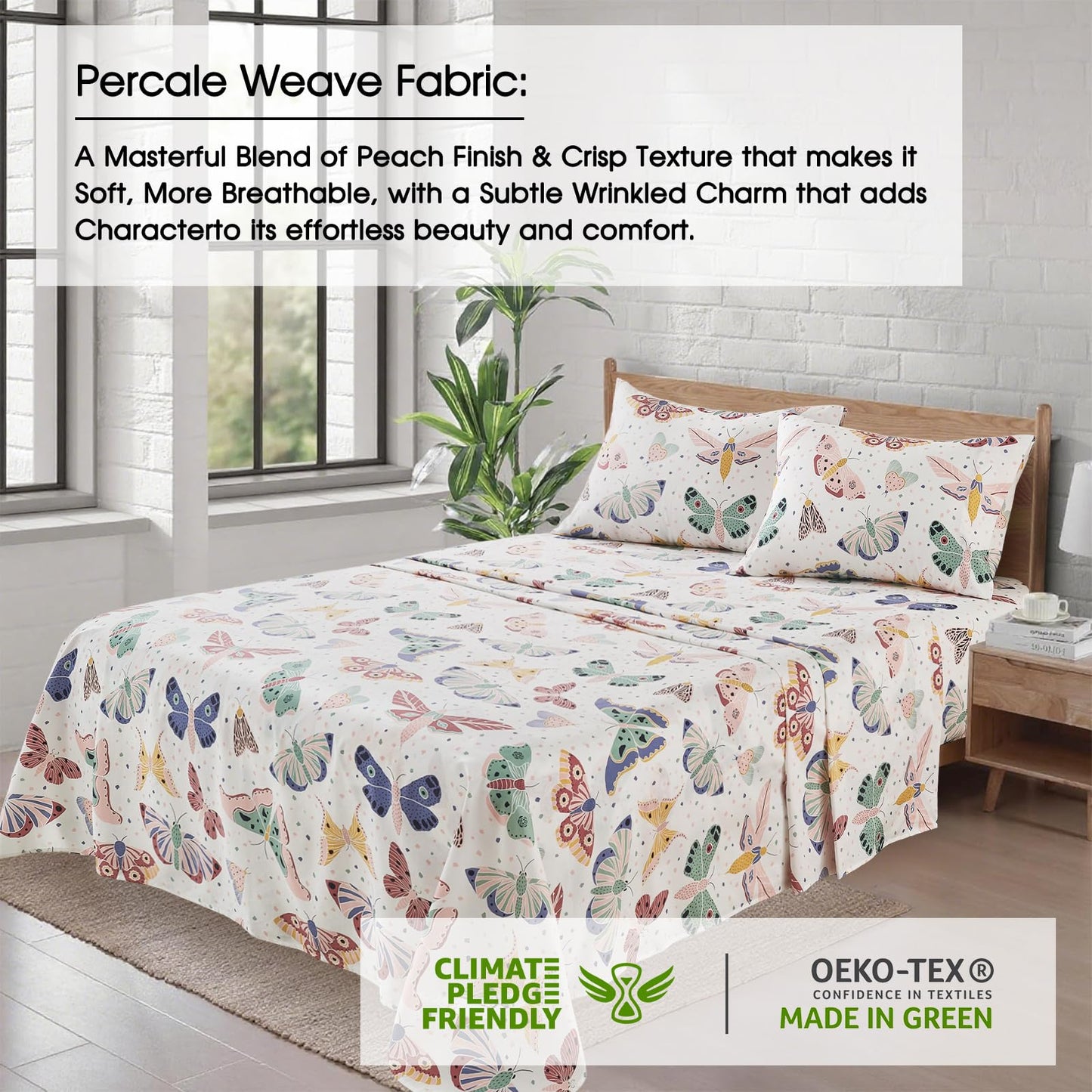 Ivellow Twin Sheets Set Kids 100% Natural Cotton Sheets Soft Breathable Durable Lightweight Crispy Percale Bed Sheets 16" Deep Pocket Butterfly Patterned Sheets Kids Twin Bedding Dorm Essentials