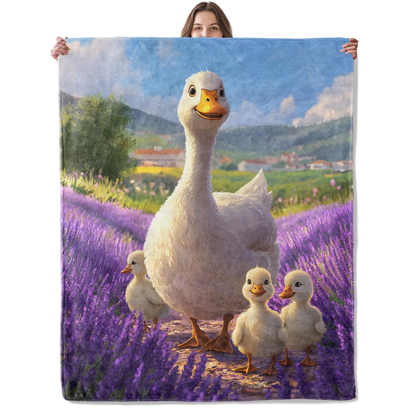 Lugiu Cute Duck Blanket, Lightweight Comfy Lavender Field and Duckling Throw for Couch Sofa Bedroom, Soft Cozy Travel Flannel Realistic Lovely Blankets Gifts for Women Girls Kids, Home Decor 60×50in