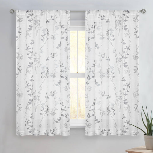 Beauoop Floral Linen Semi Sheer Curtains 54 Inches Long 2 Panels for Living Room Bedroom Grey Farmhouse Flower Patterned Light Filtering Textured Rod Pocket Window Treatments Drapes, 50x54 2 Set