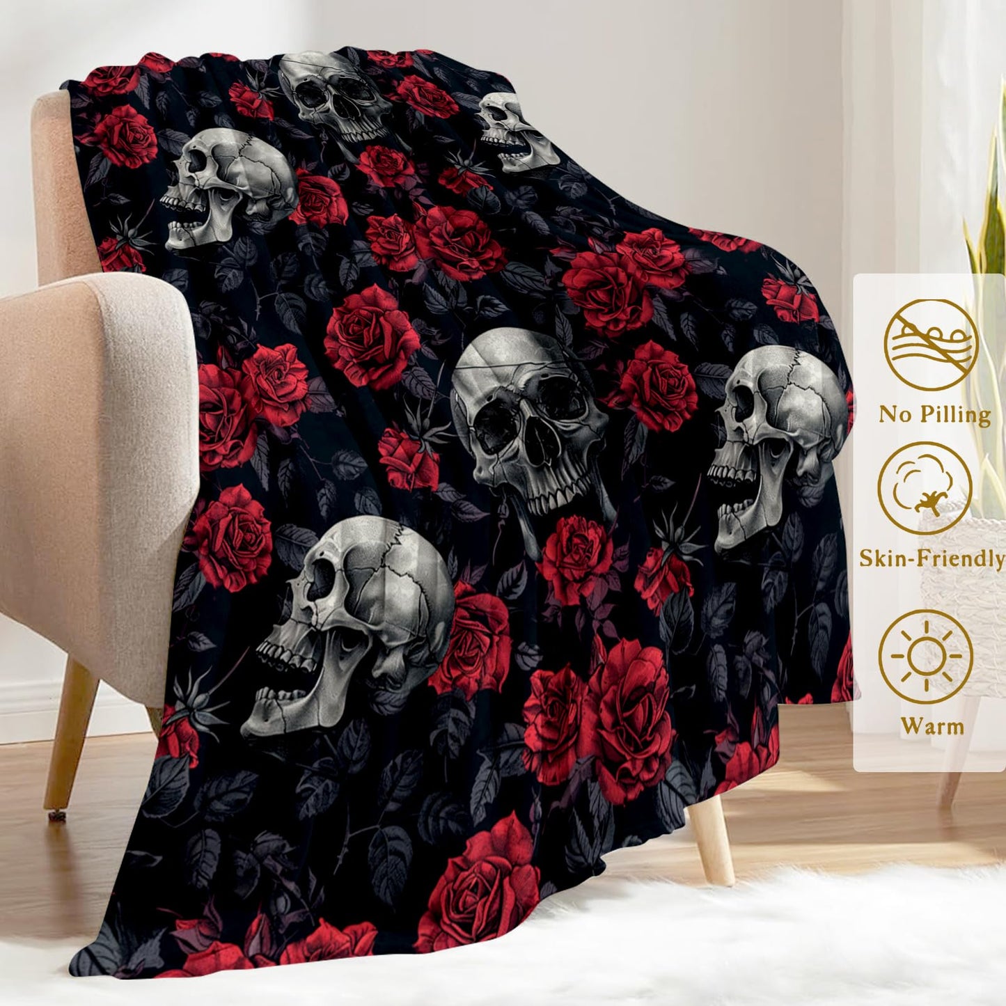 ainori Gothic Skull Rose Throw Blanket 50x60 in, Romantic Elegant Pattern Blankets for Couch Bedroom Halloween Indoor Decor, Lightweight Soft Cozy Bedding Birthday Gift for Kids Boys Adults