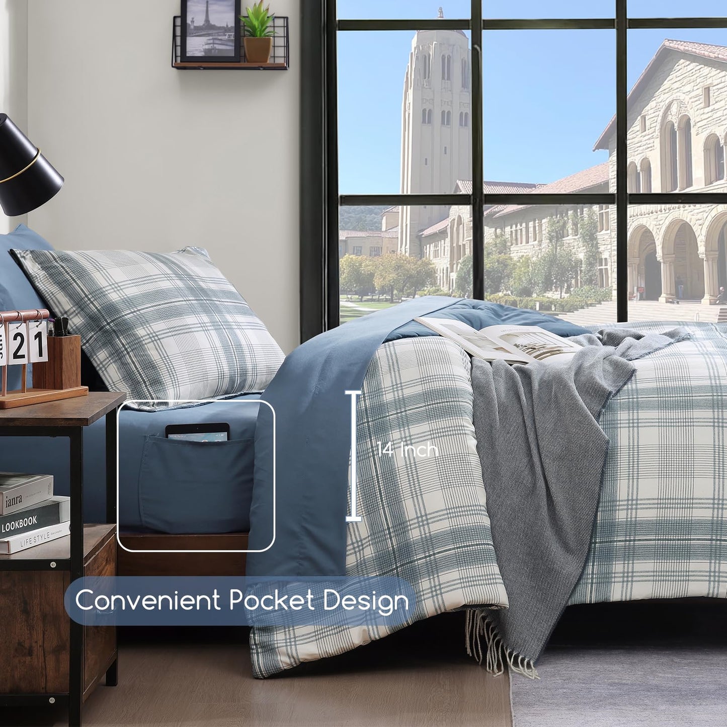 AMBERSPACE Twin XL Comforter Set, Blue Grey Plaid Bedding Set 5 Piece for Boys Girls Teen, Classic Homestead-Style Kids Comforter Set Bed in A Bag with Sheets, Pillowcase & Sham