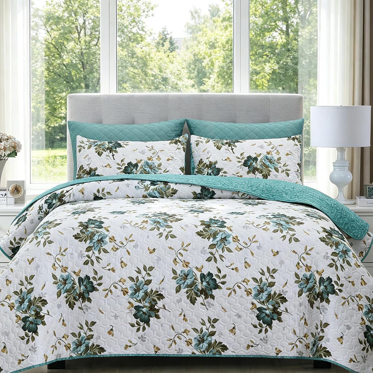 SANOCAY Boho Floral Quilt Set King Size, 3 Piece Lightweight Summer Bedding Set with 2 Pillow Shams, Soft Reversible Microfiber Bedspread, Farmhouse Coverlet for All Season (Sage Green, King)