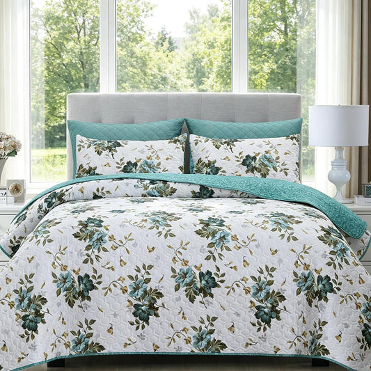 SANOCAY Boho Floral Quilt Set King Size, 3 Piece Lightweight Summer Bedding Set with 2 Pillow Shams, Soft Reversible Microfiber Bedspread, Farmhouse Coverlet for All Season (Sage Green, King)