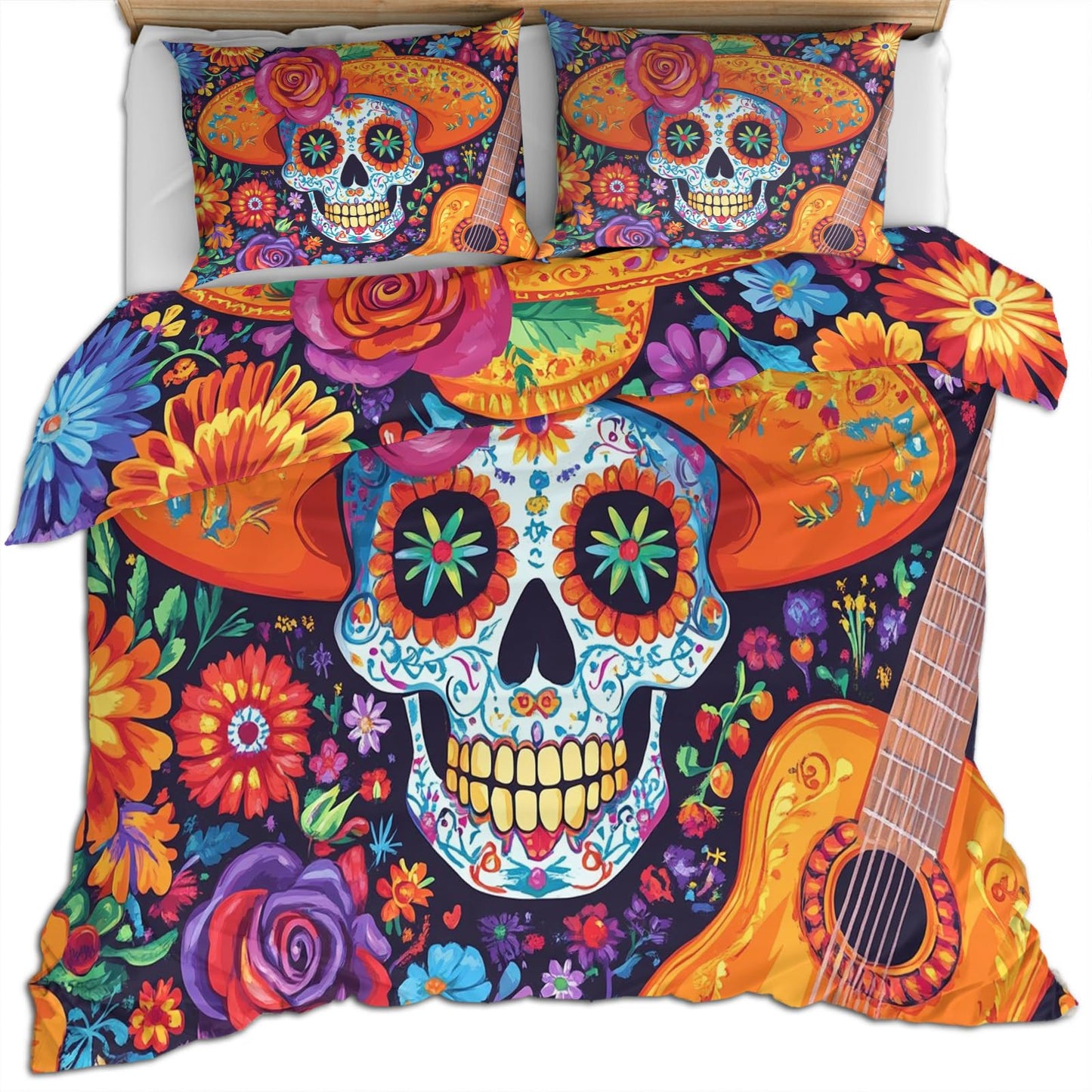PAISUOQ Sugar Skull Duvet Cover King Size, Mexican Skull Bedding Set, 3 Piece, Soft Microfiber Patterned Comforter Cover with Zipper Ties & 2 Pillowcase, Gothic Hippie Bedroom Decor & Gifts