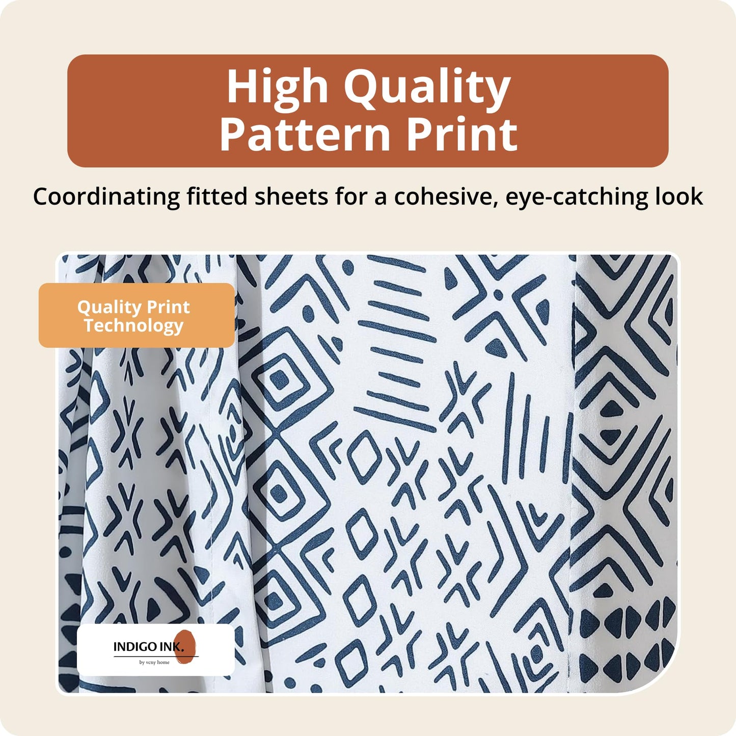 Indigo Ink Queen Size 4-Piece Sheet Set - Fitted & Flat Sheets & Pillowcases, Boho Pattern, Soft & Breathable, Durable & Wrinkle Resistant, Deep Pocket Sheets, White Denim Collection, Navy Blue