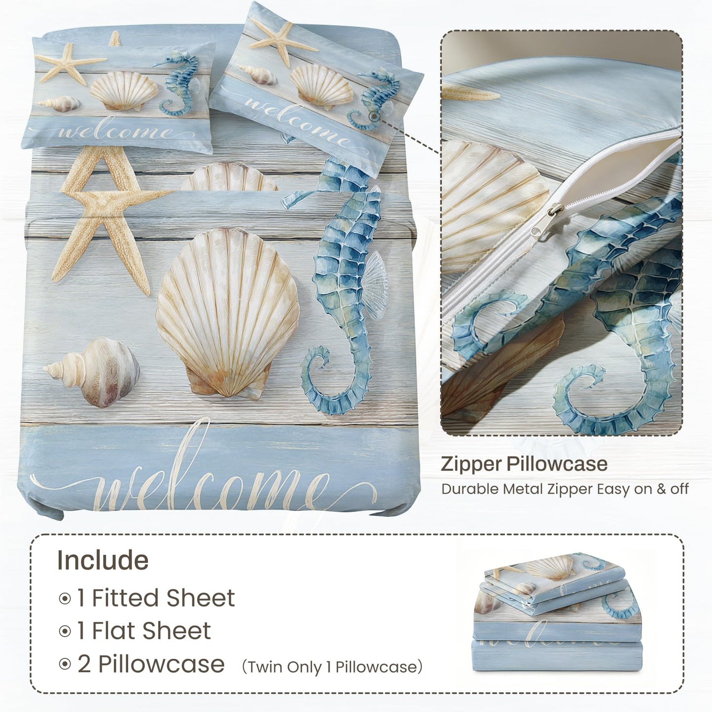 Seahorse and Shell Queen Sheet Set 4 Pcs Rustic Wooden Bed Sheets